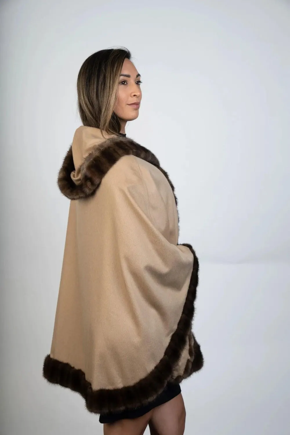 100% Cashmere Cape with Fur Trim