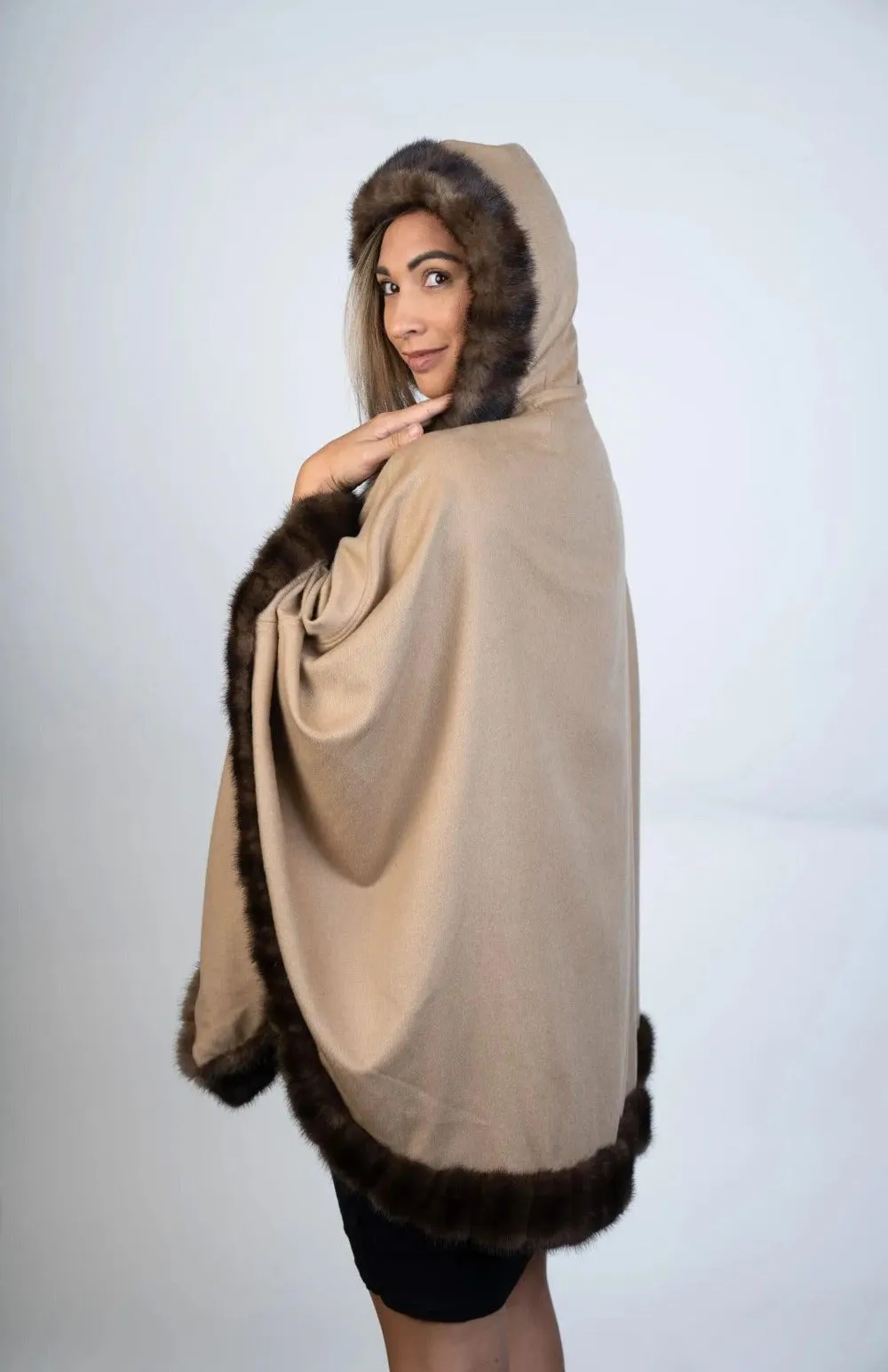 100% Cashmere Cape with Fur Trim