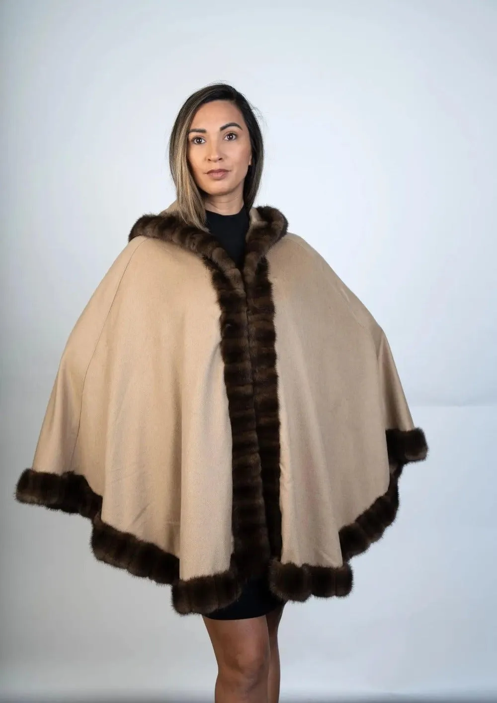 100% Cashmere Cape with Fur Trim