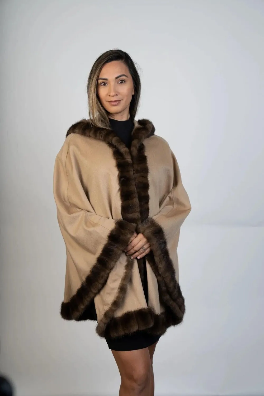 100% Cashmere Cape with Fur Trim