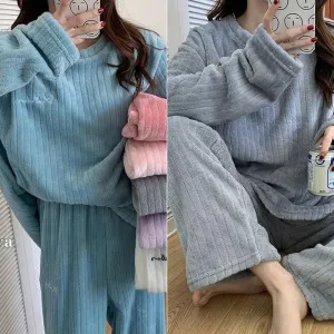 2pcs/Set Women's Pajamas Fall And Winter Coral Velvet Padded Thickened Warm Home Wear Plus Size Student Pajamas Long Pants Long-