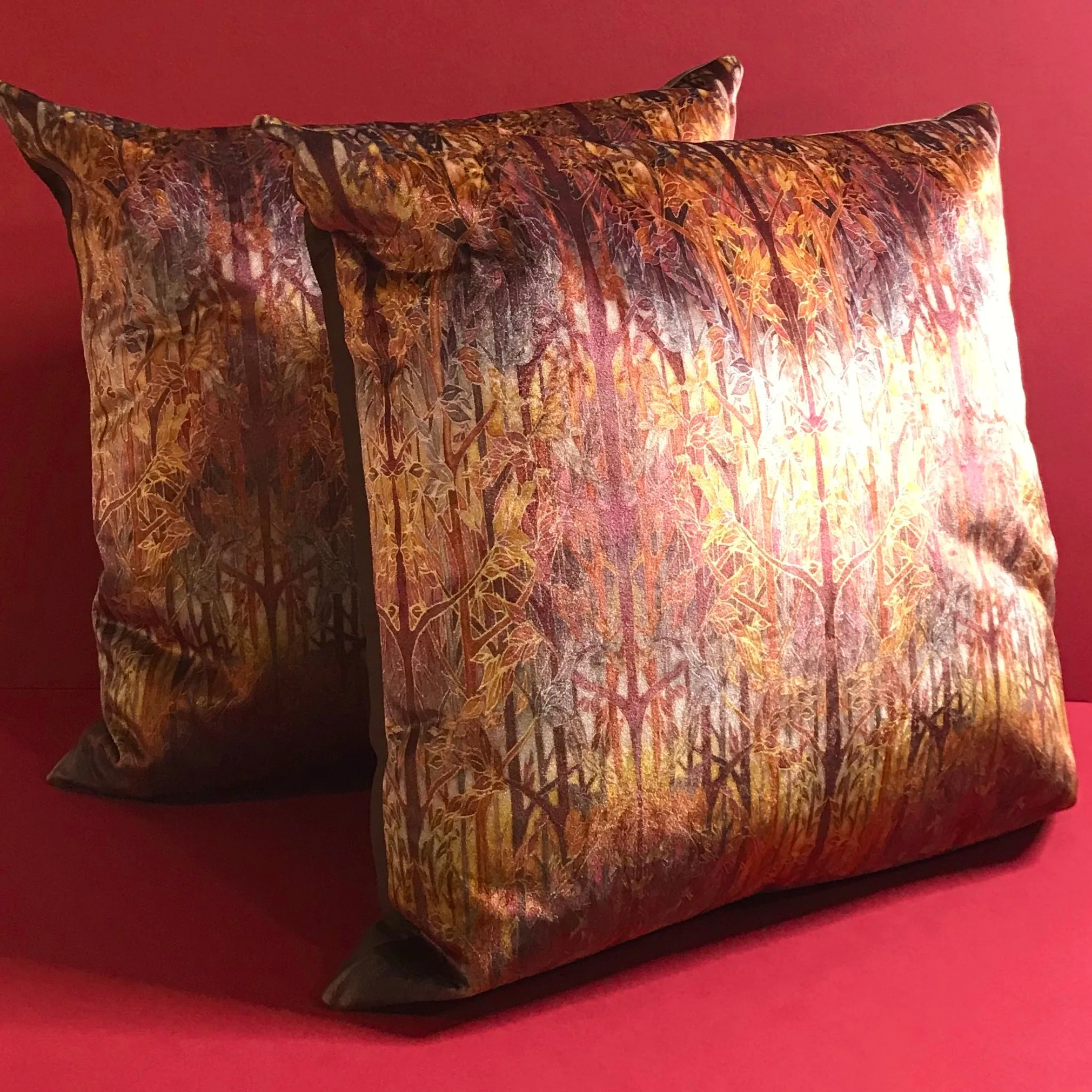 Autumn Whispers Trees Luxury Velvet Cushion- Contemporary Russet Beaujolais Terracotta Grey Throw Pillow - Luxury Velvet Cushion