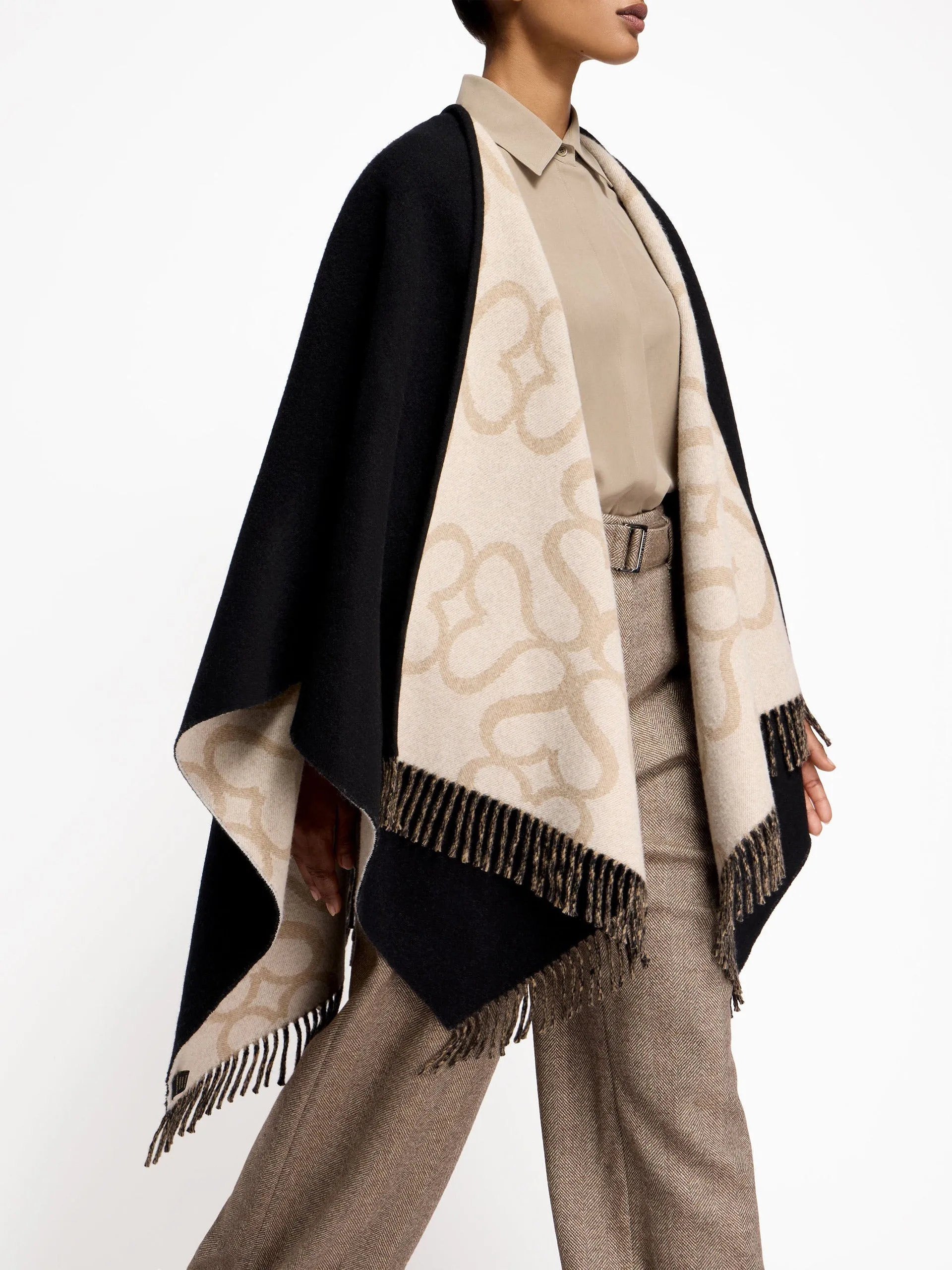 Black, camel, and vanilla monogram reversible cape