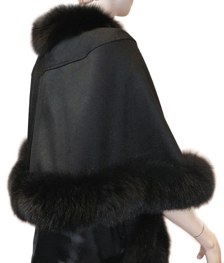 BLACK CASHMERE CAPE WITH FOX FUR TRIM