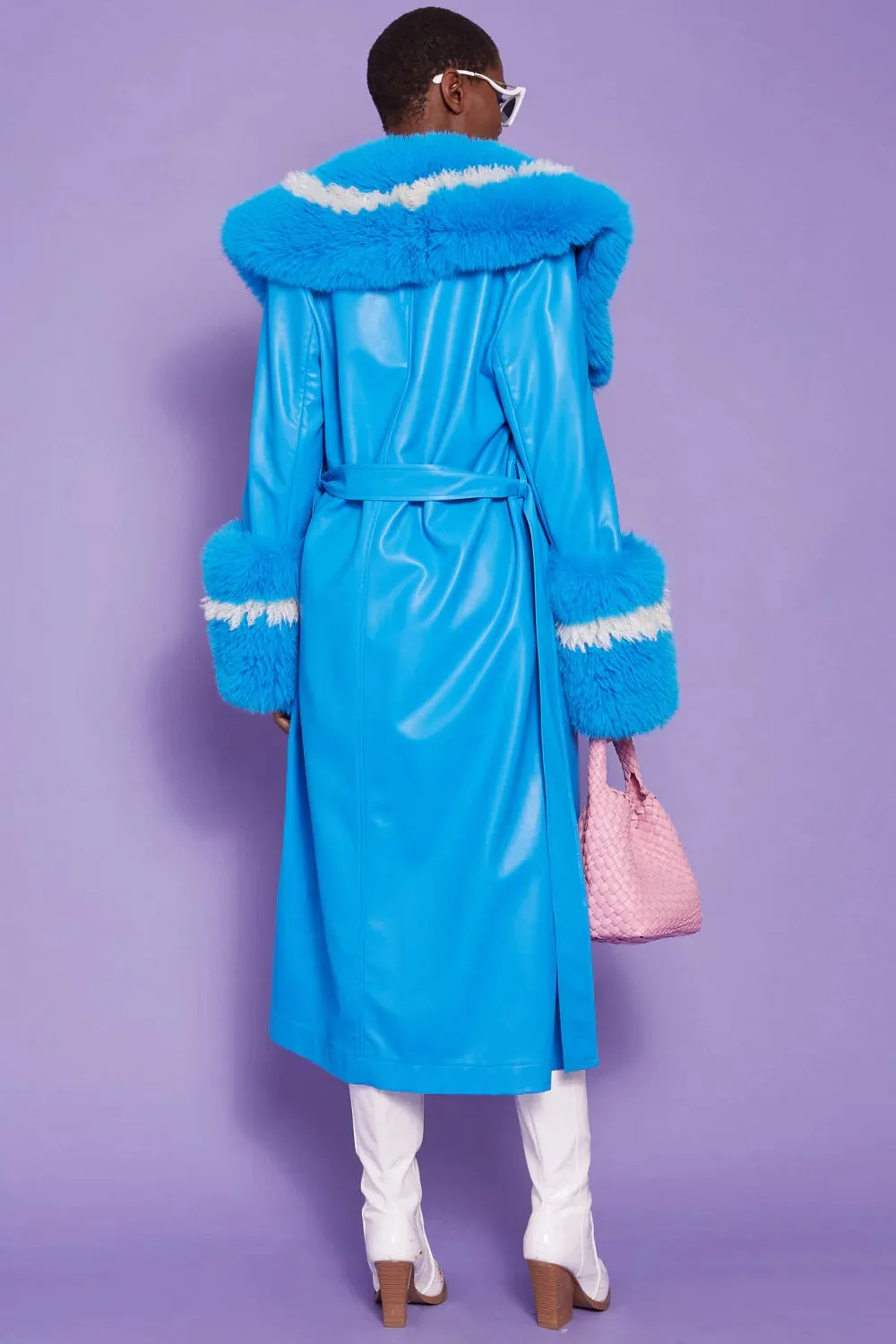 Blue Faux Leather Trench Coat with Faux Fur Collar