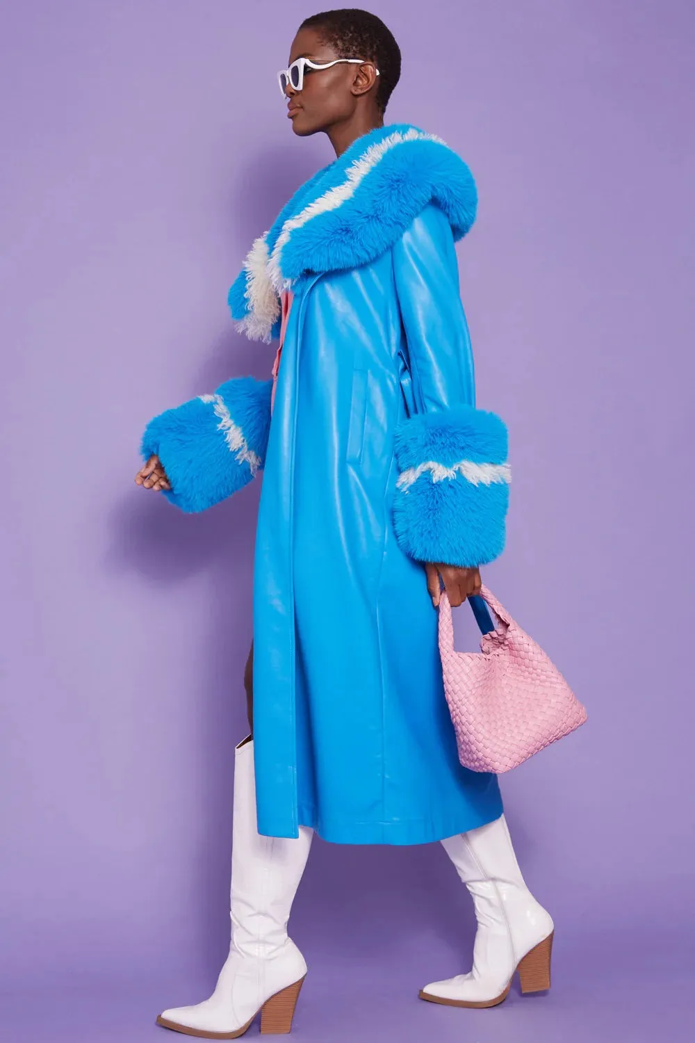 Blue Faux Leather Trench Coat With Faux Fur Collar