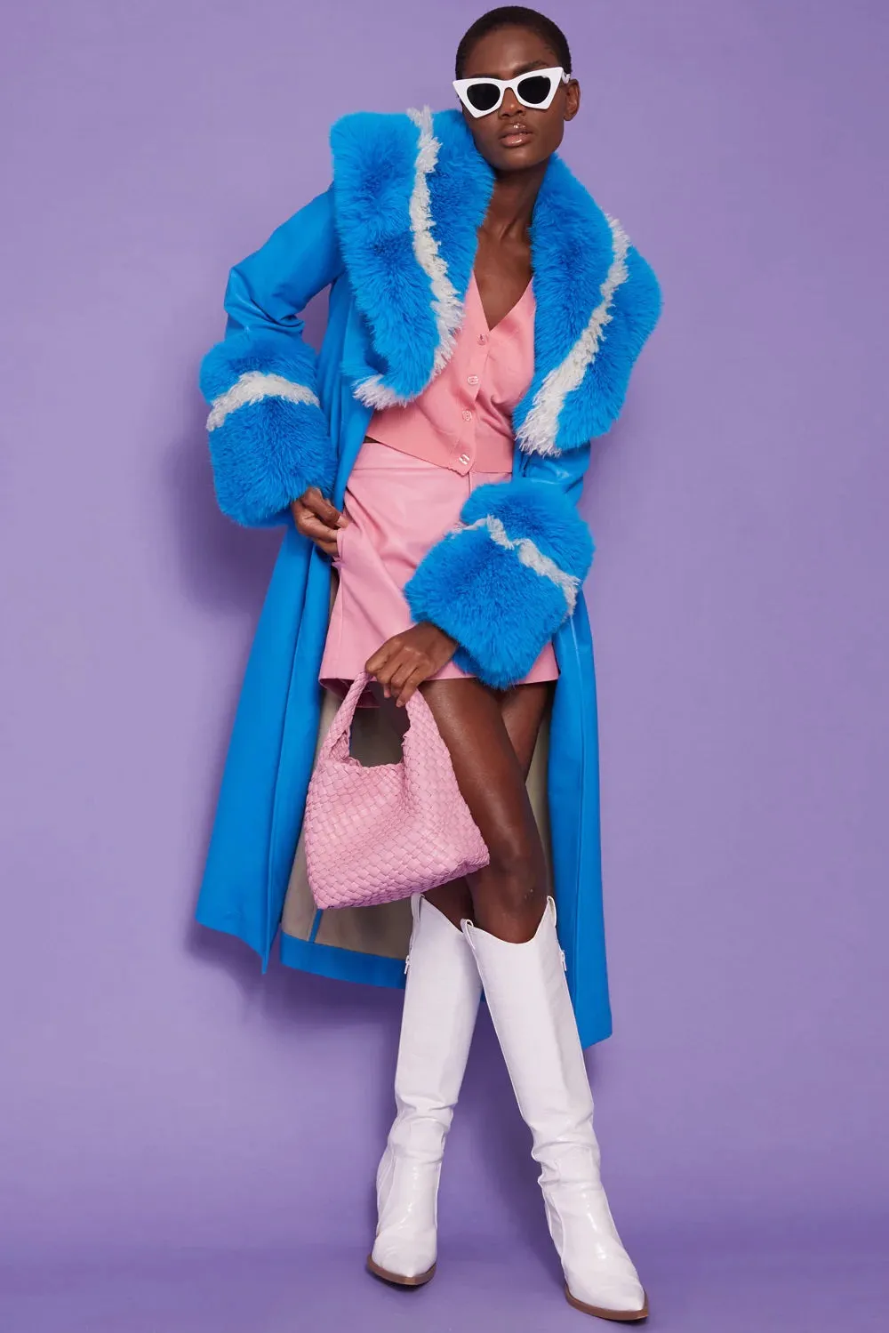 Blue Faux Leather Trench Coat With Faux Fur Collar