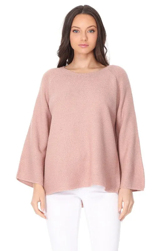 Boat Neck Bell Sleeve High Low Pullover Sweater