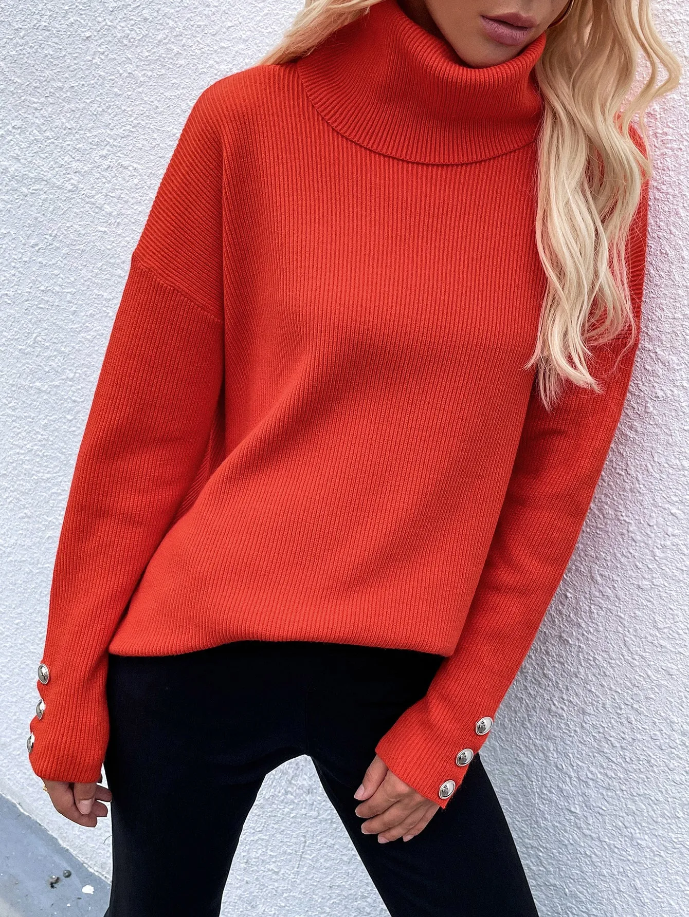 Button Detail Rib-Knit Turtleneck Sweater