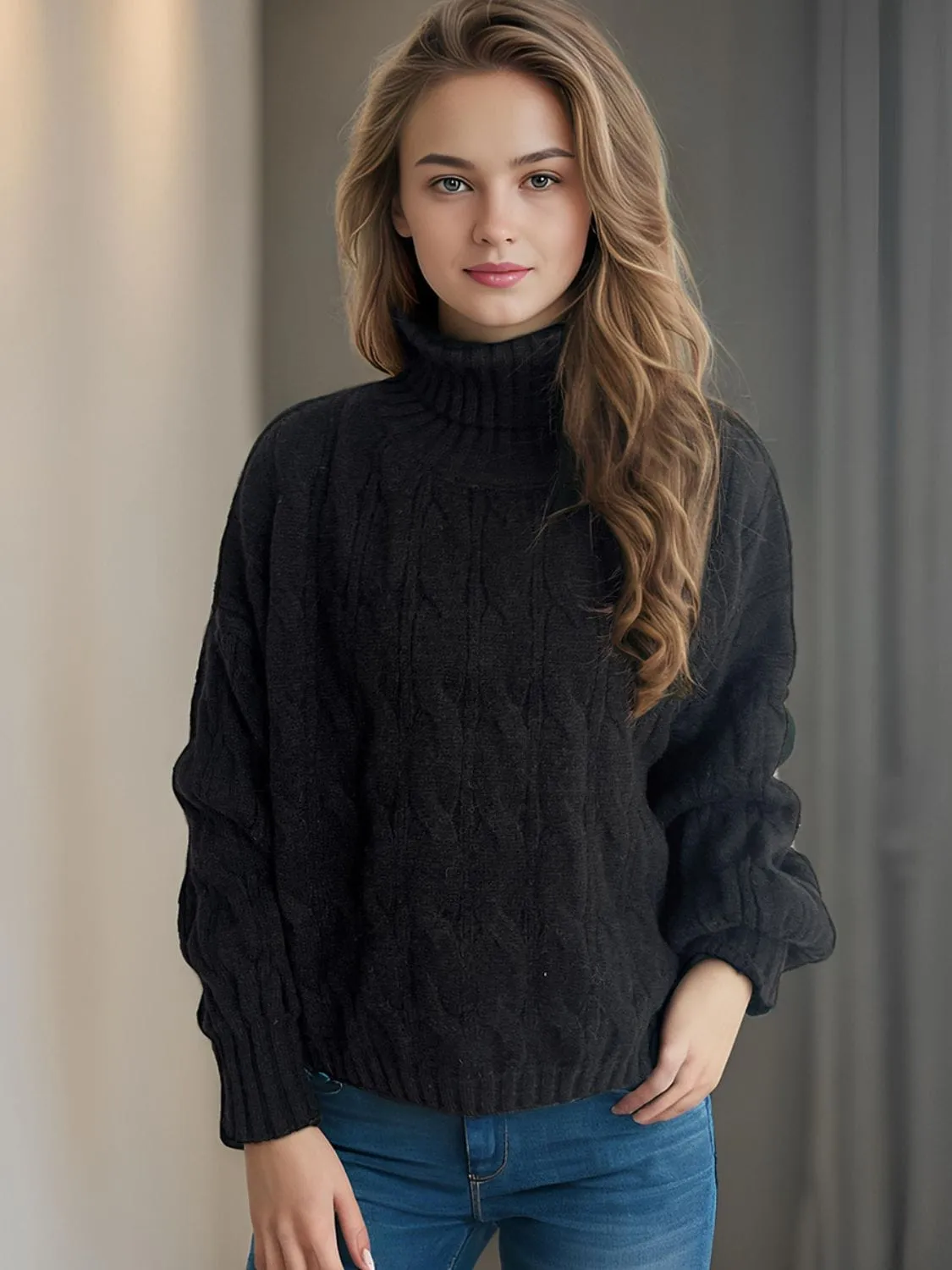 Cable-Knit Turtleneck Long Sleeve Sweater