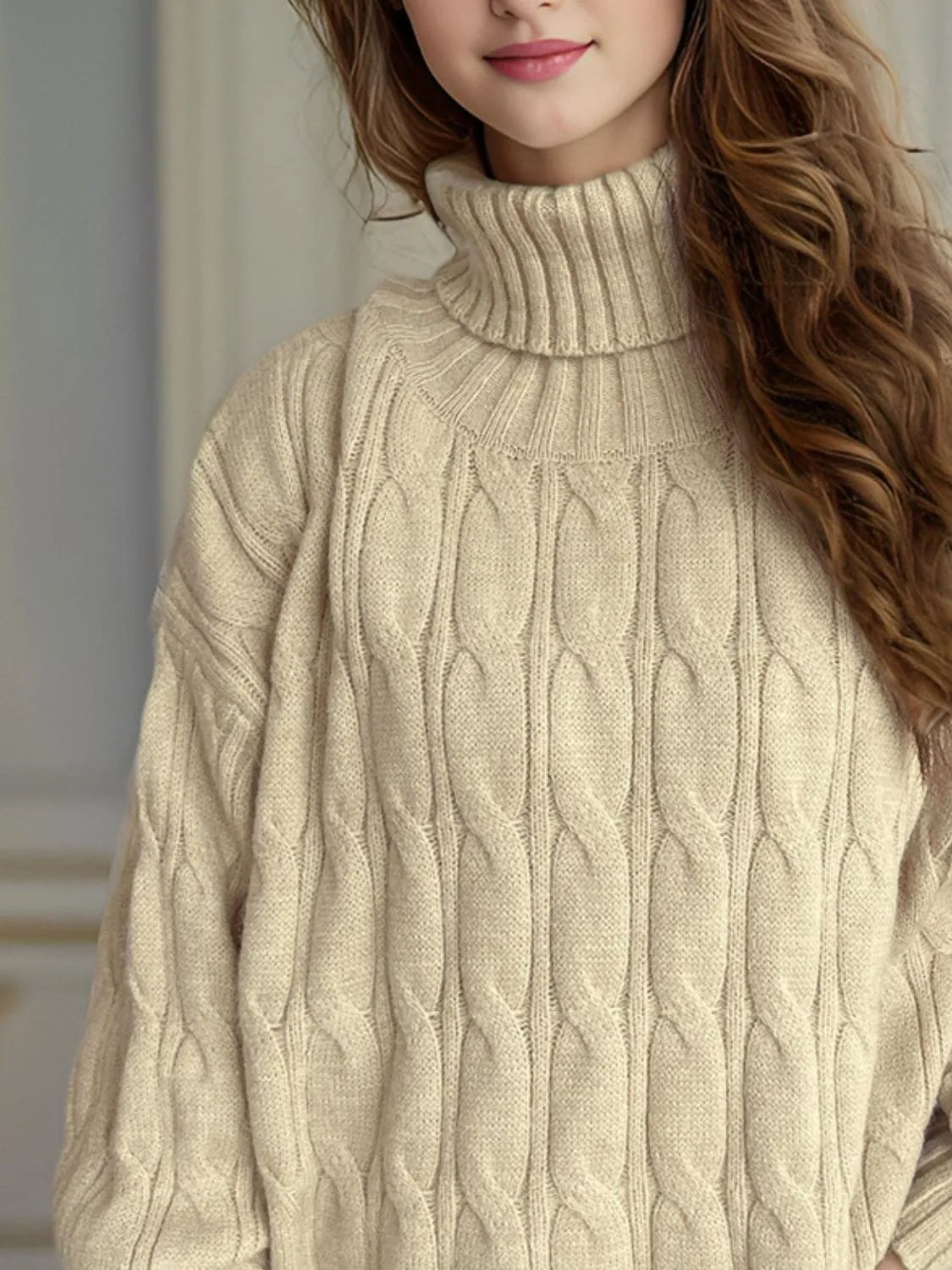 Cable-Knit Turtleneck Long Sleeve Sweater