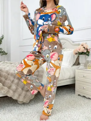 Cartoon Pattern Warm Flannel Women Pajamas Set