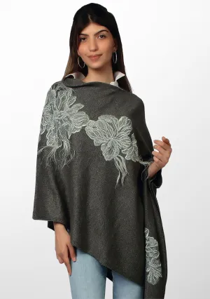 Charcoal Melange Knitted Fine Wool Poncho with Lt. Grey Embroidery and Feather Applique