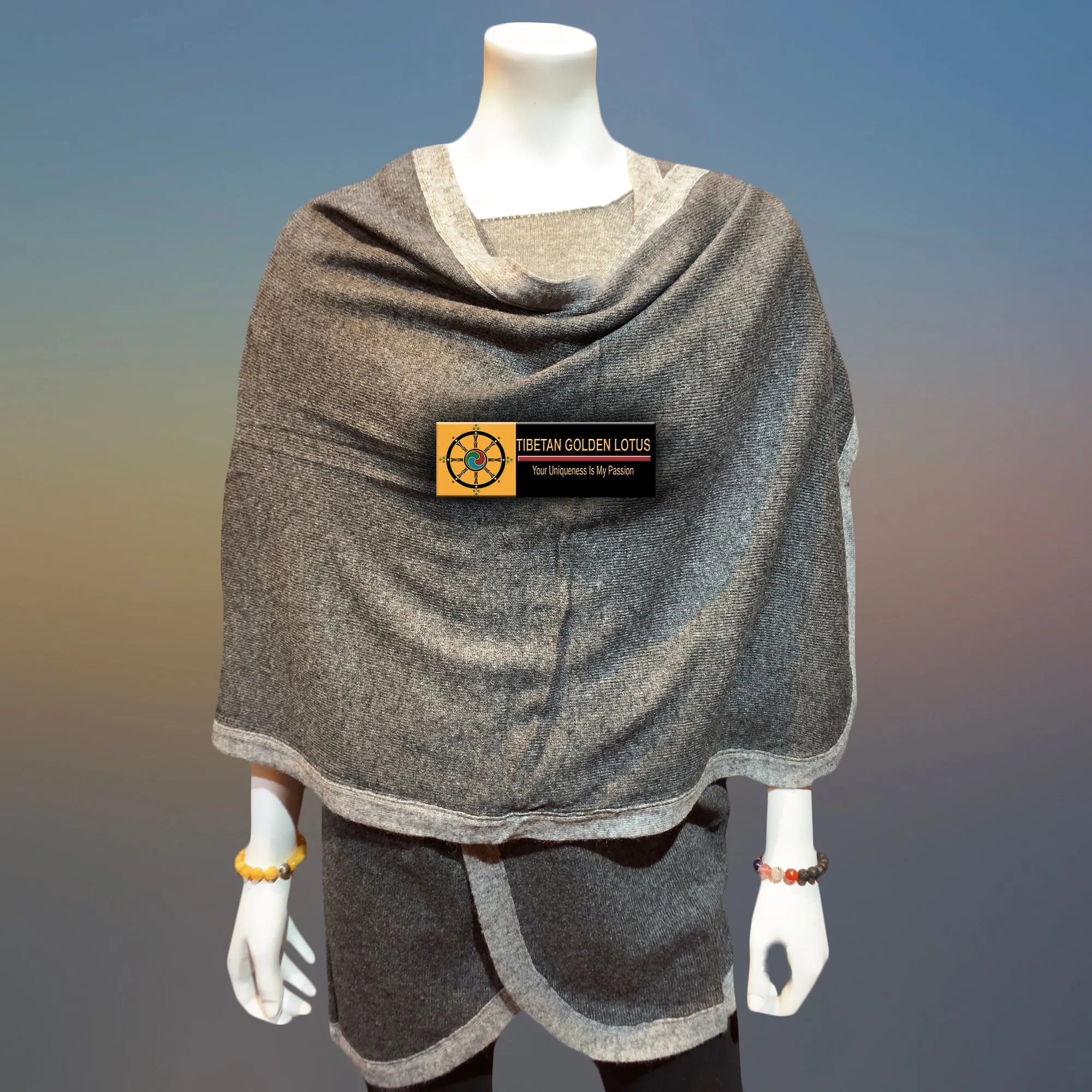 Charcoal Tibetan Golden Lotus Cashmere Cape Ruana, Poncho Wrap