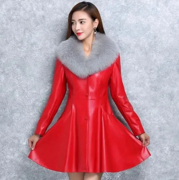 Claire Leather Fur Collar Coat