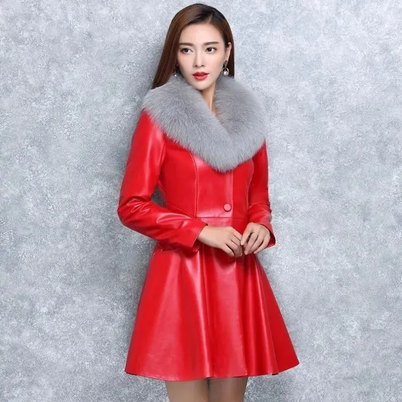 Claire Leather Fur Collar Coat