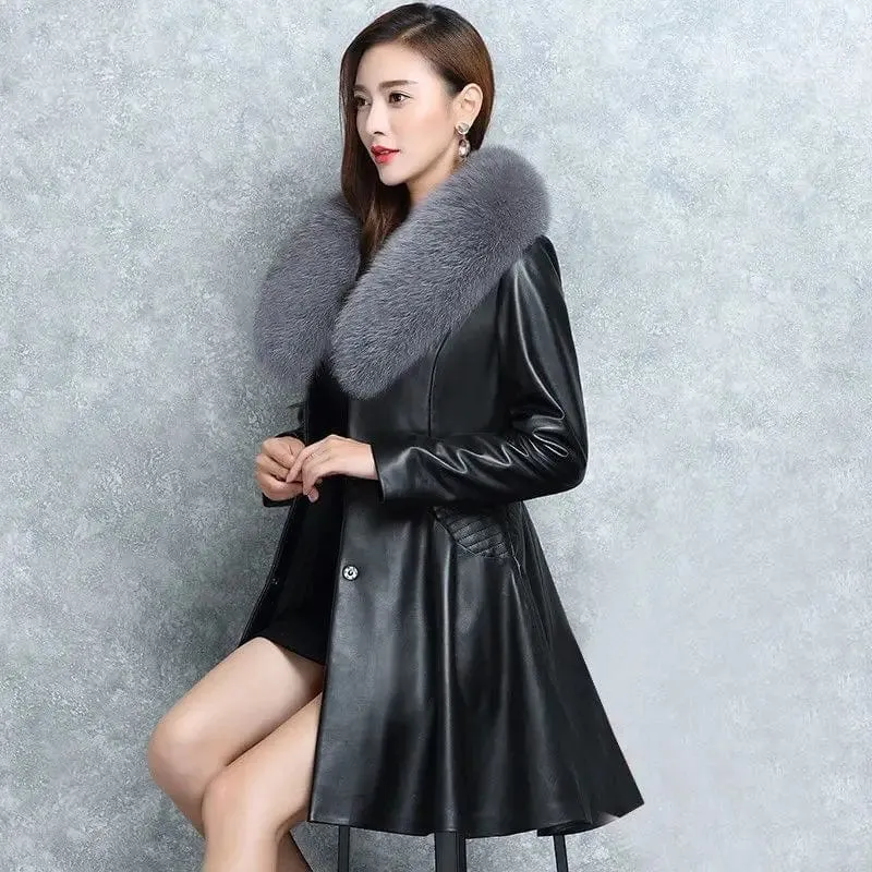 Claire Leather Fur Collar Coat