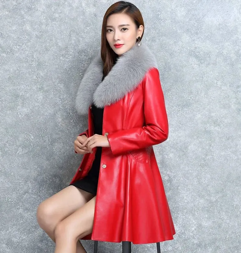 Claire Leather Fur Collar Coat