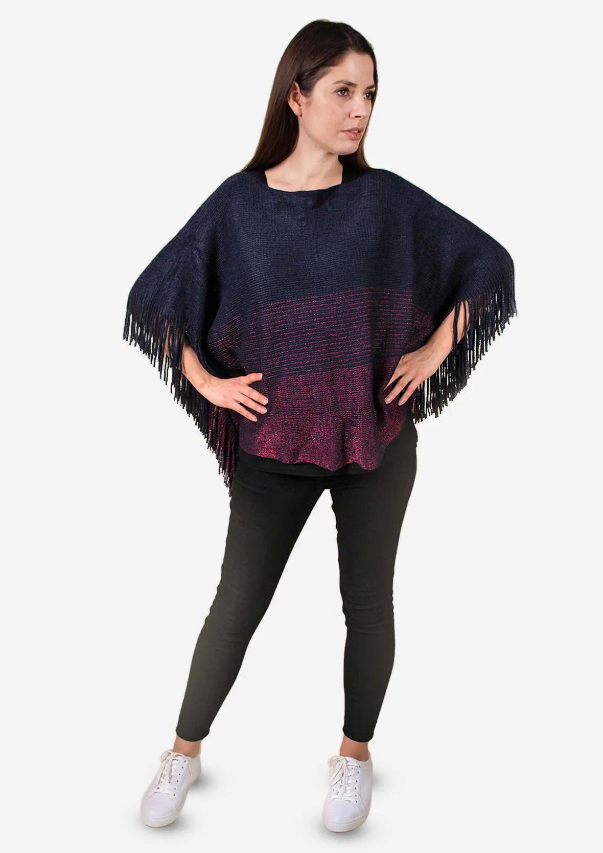 Colourblock Poncho With Fringe Trim