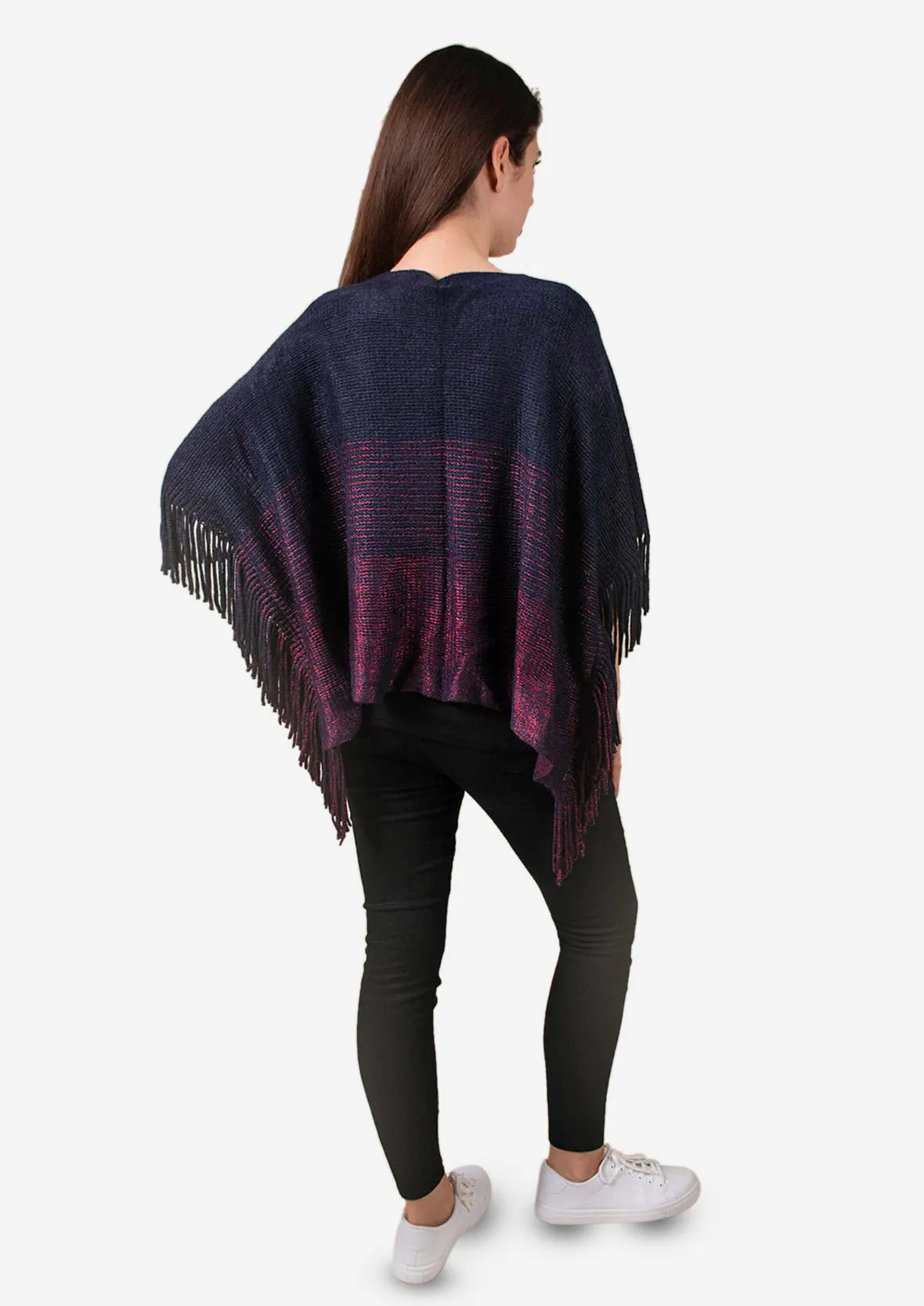 Colourblock Poncho With Fringe Trim