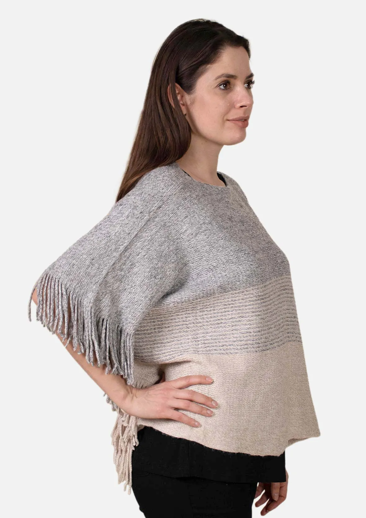 Colourblock Poncho With Fringe Trim