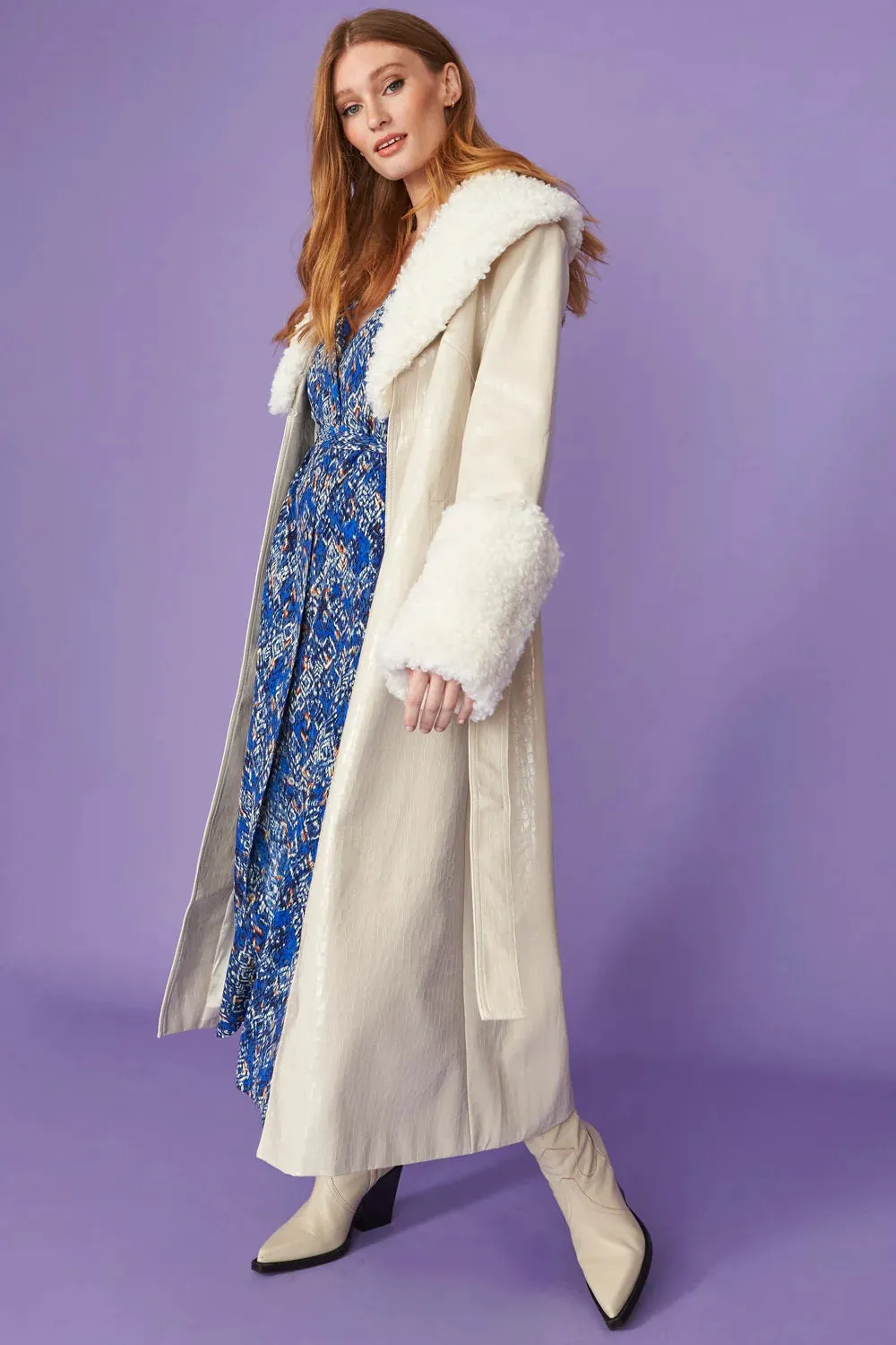 Cream Faux Leather Trench Coat With Detachable Faux Mongolian Collar And Cuffs