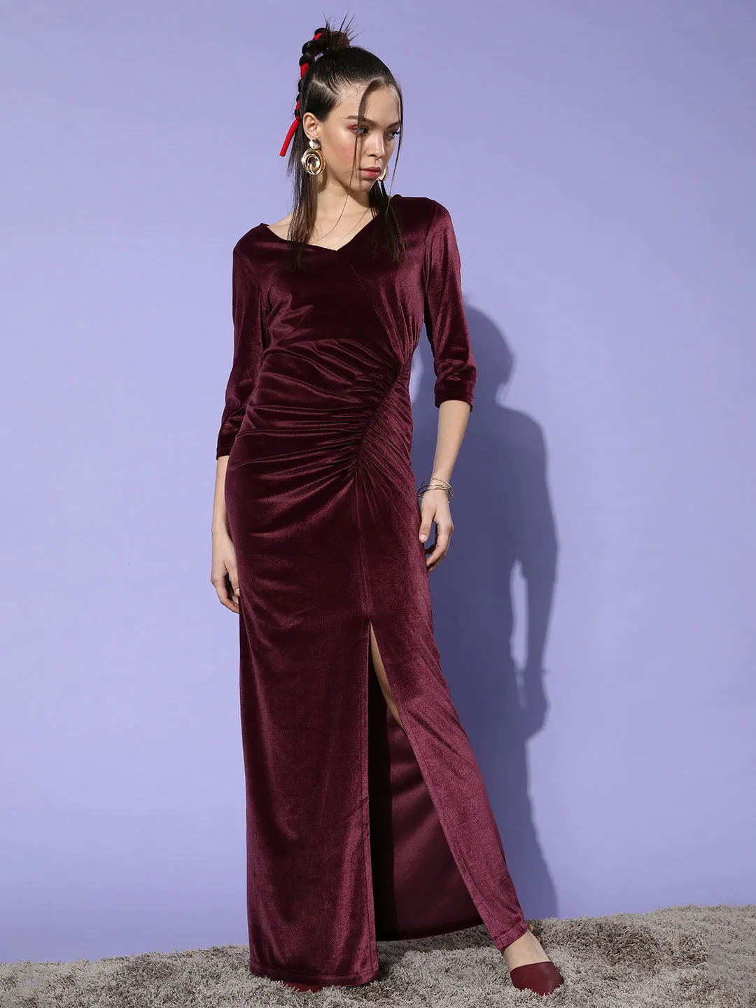 Crease Ease Women's Dark Mauve V Neck 3/4 Sleeve Solid Ruching Maxi Dress