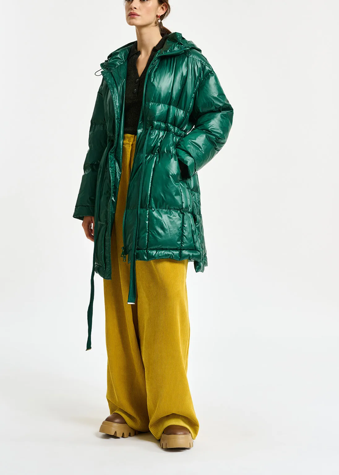 Dark green hooded puffer coat