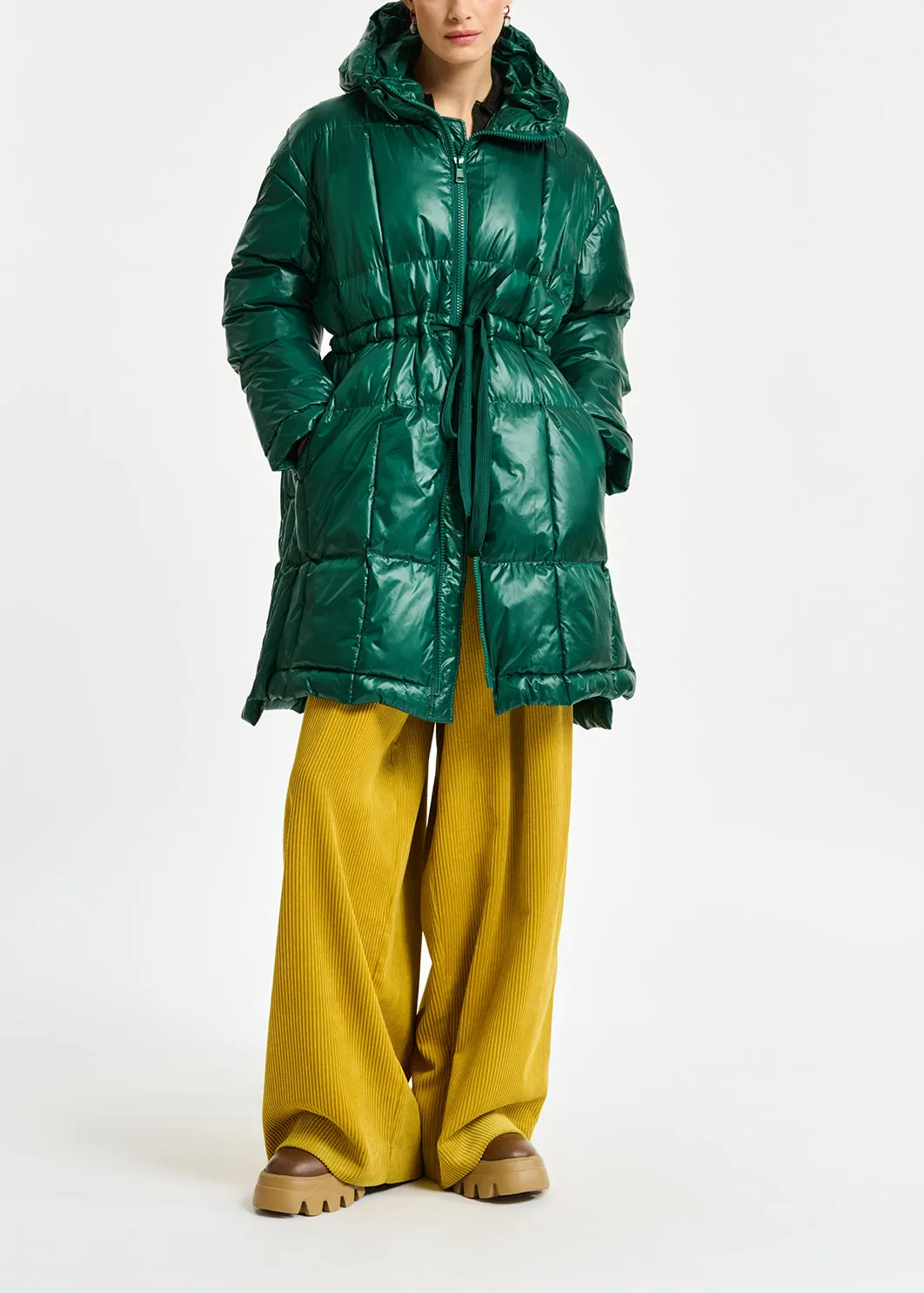 Dark green hooded puffer coat