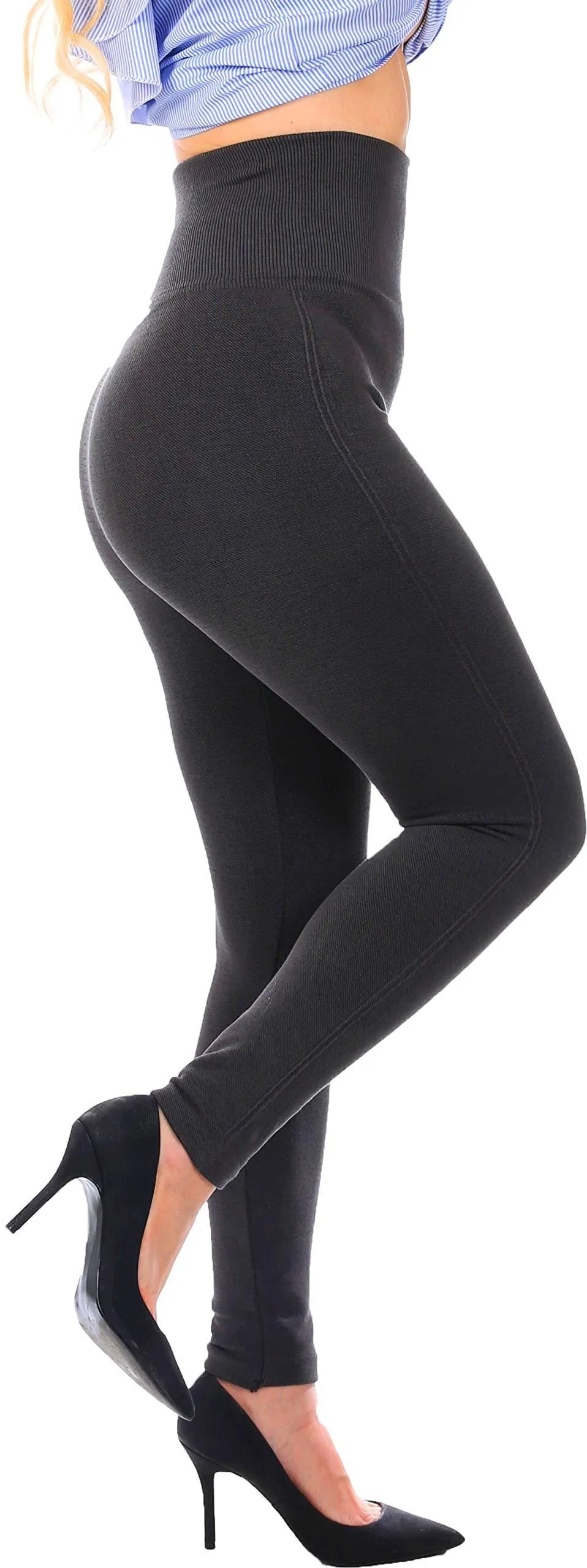 High Waist Tummy Control Leggings with French Terry Lining, 2 Pack in Black