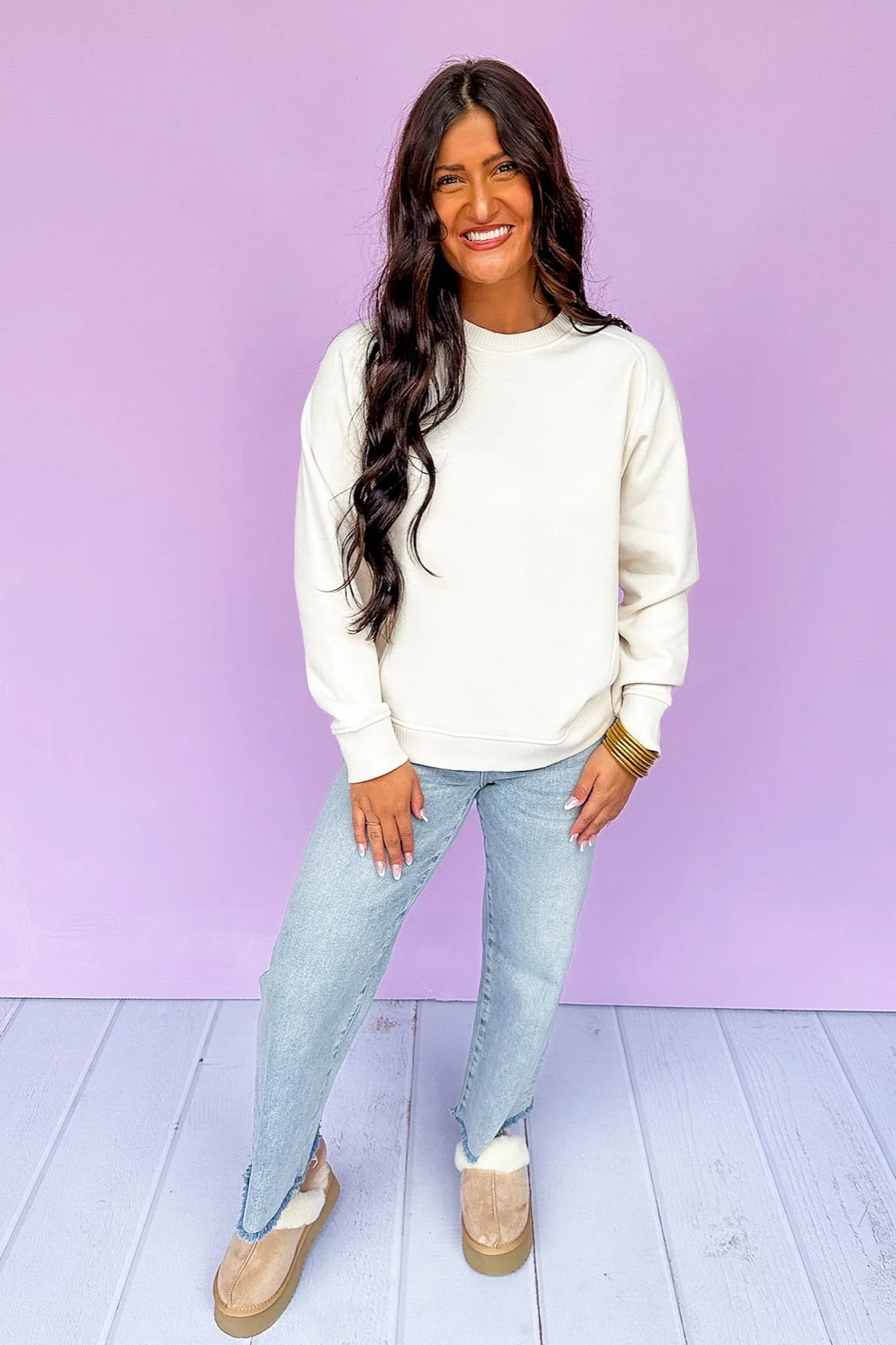 Hot Pink Deal- Fleece Lined Side Ribbed Sweatshirt in Beige