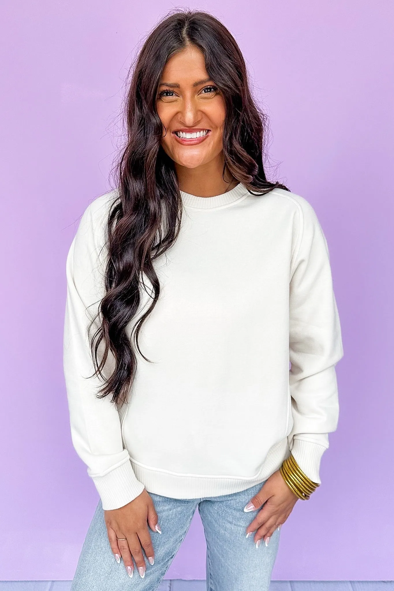 Hot Pink Deal- Fleece Lined Side Ribbed Sweatshirt in Beige