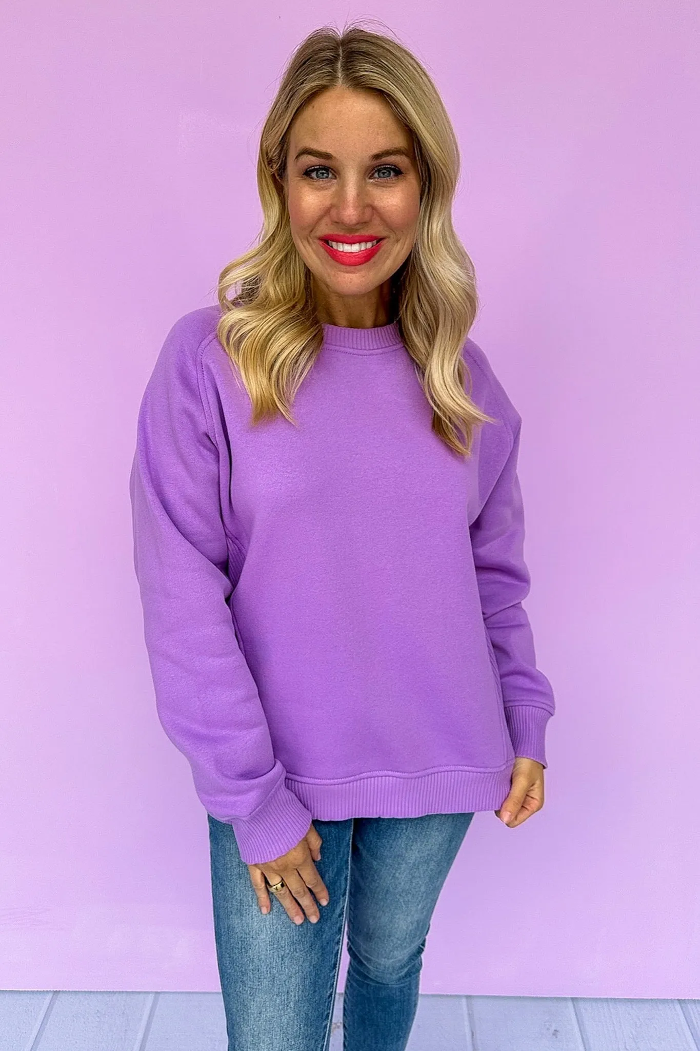 Hot Pink Deal- Fleece Lined Side Ribbed Sweatshirt in Lavender