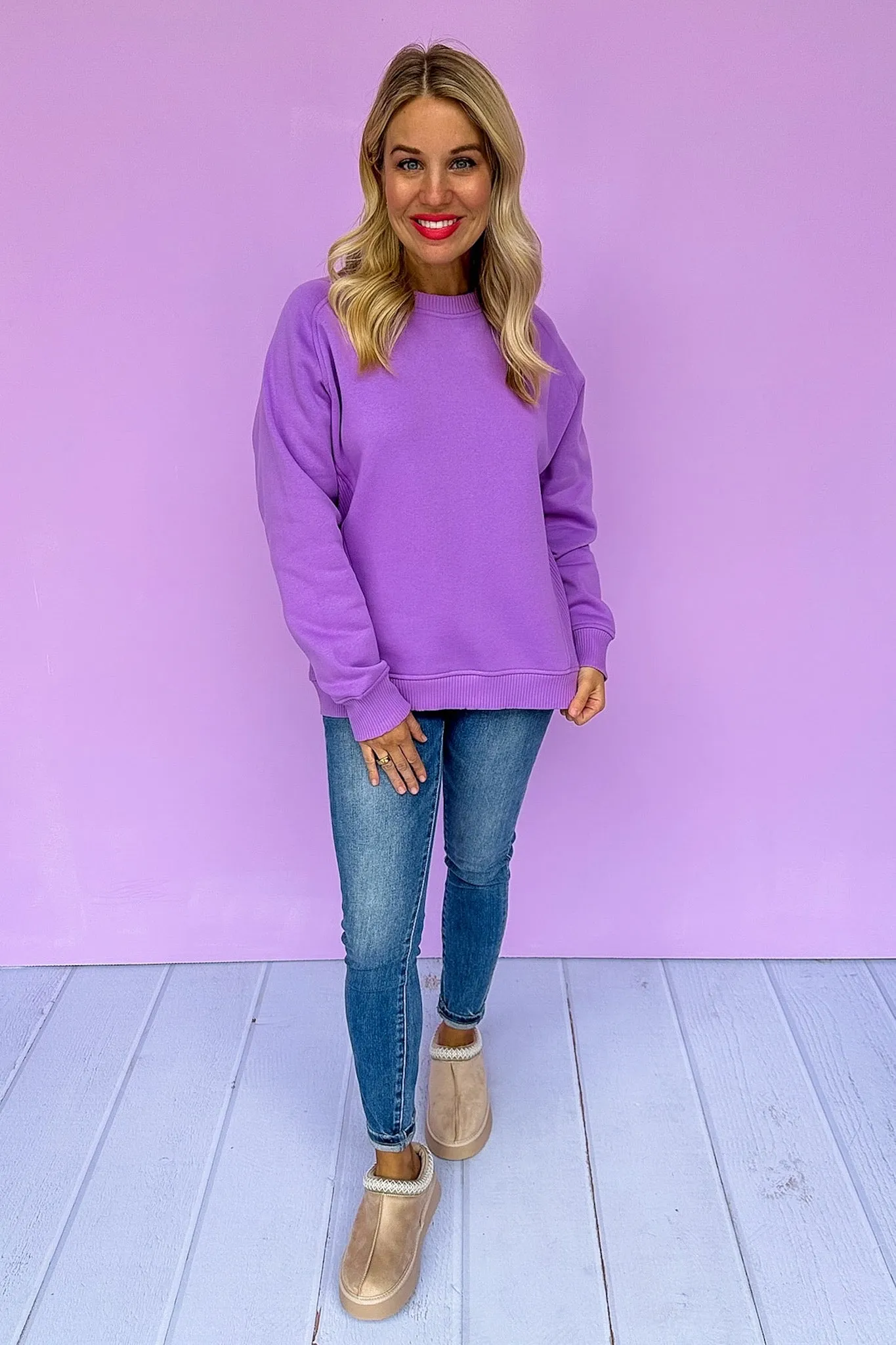 Hot Pink Deal- Fleece Lined Side Ribbed Sweatshirt in Lavender