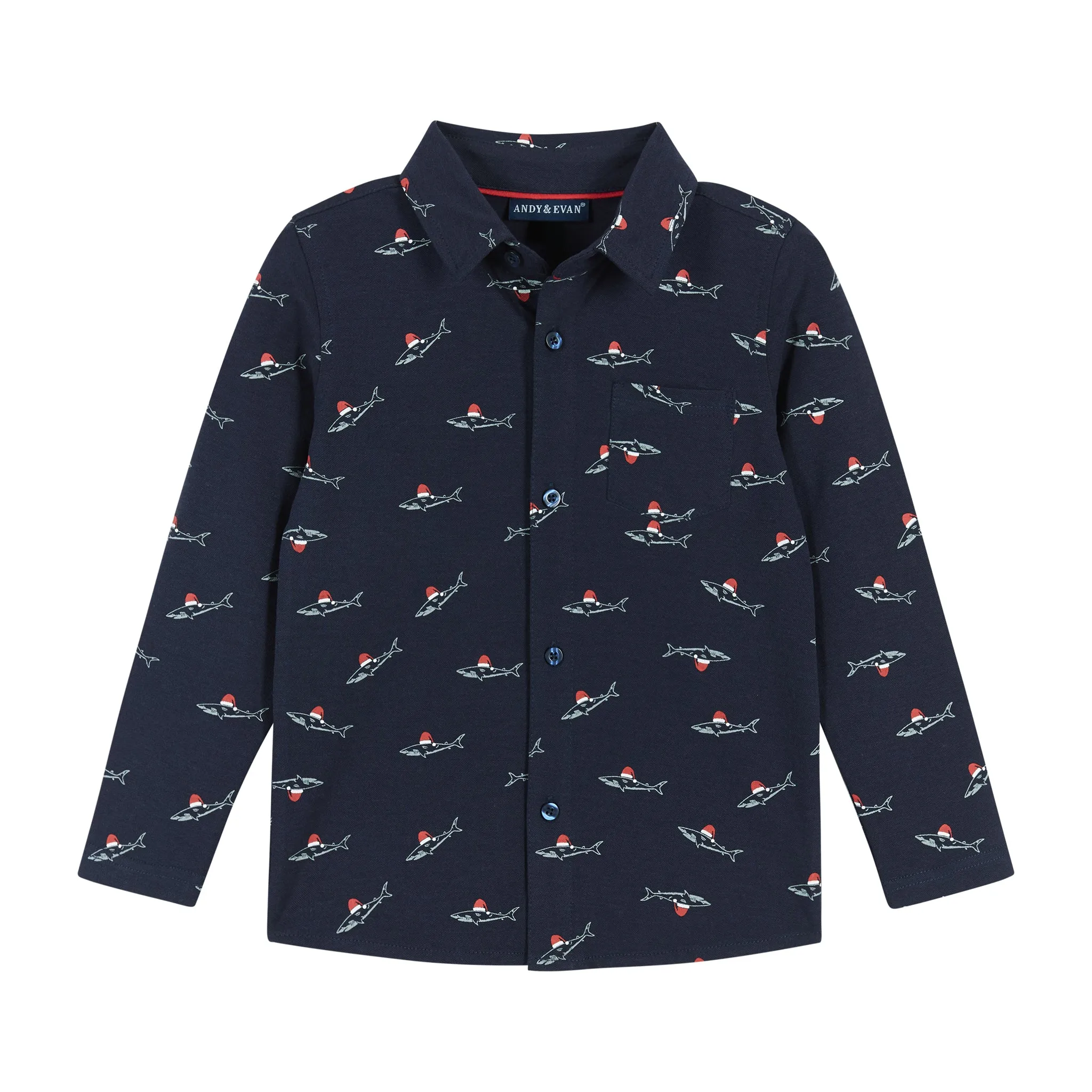 Infant Navy Holiday Sharks Knit Pique Buttondown Set  | Navy