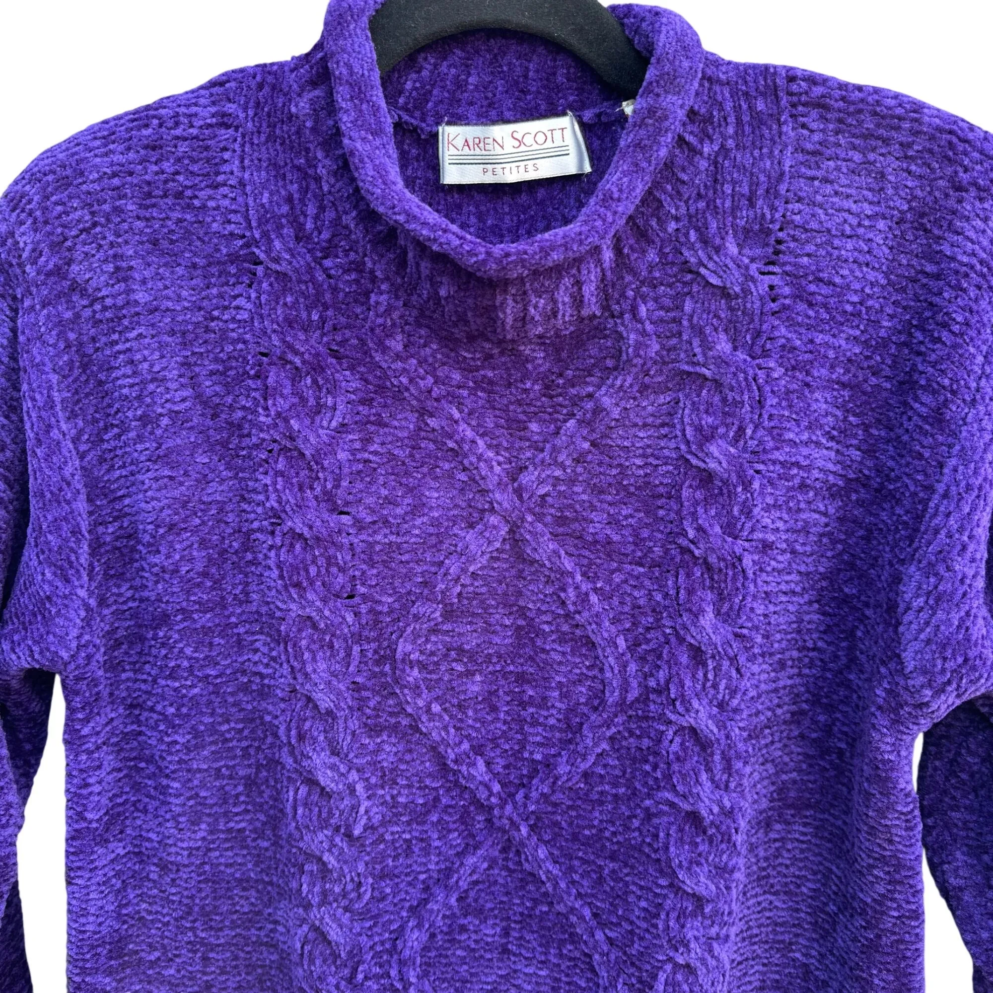 Karen Scott Petites Vintage Womens Purple Cable Knit Chenille Turtleneck Sweater PS