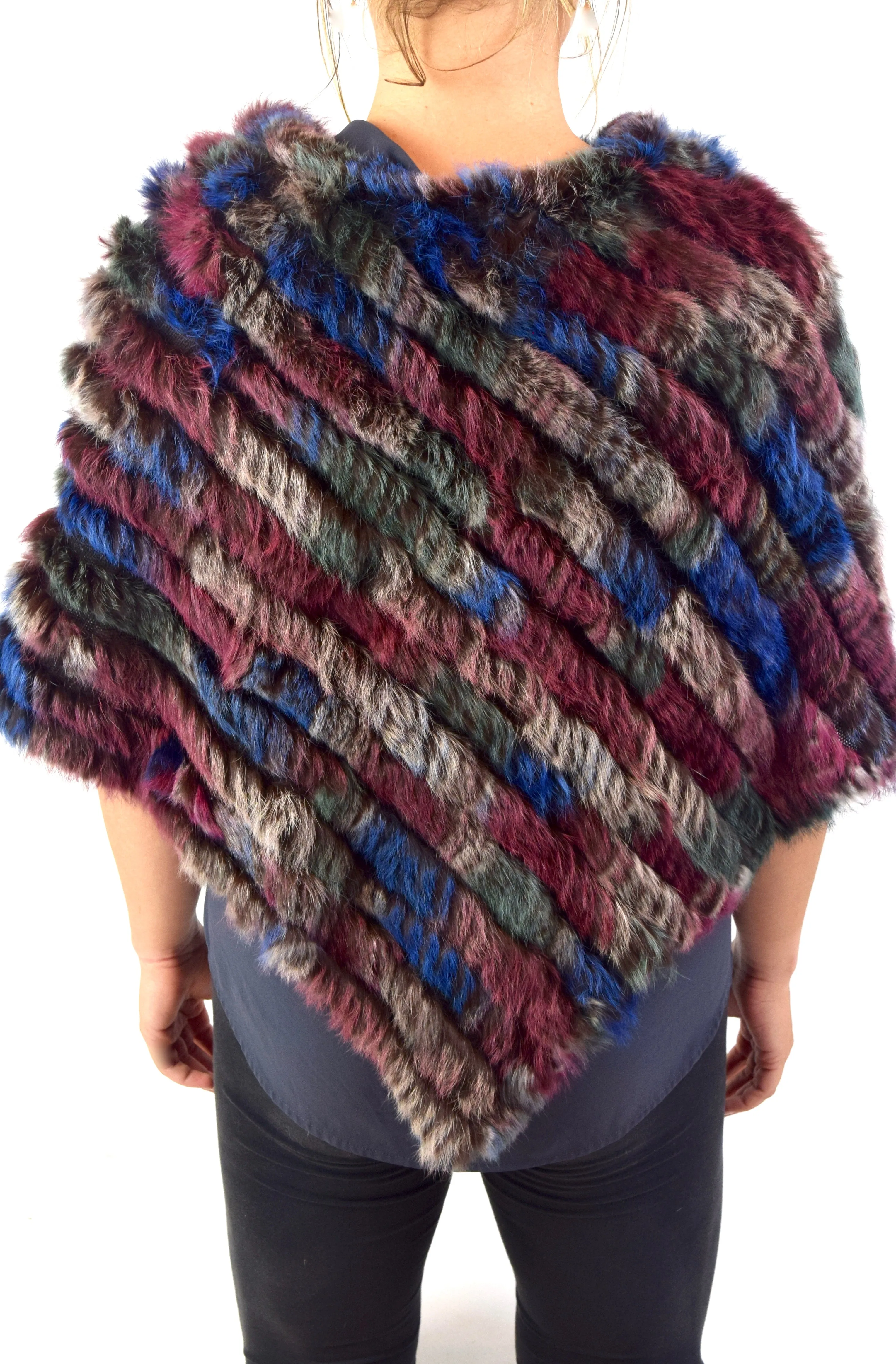 Knitted Rabbit Fur Poncho/Cape  (Multi-Colored)