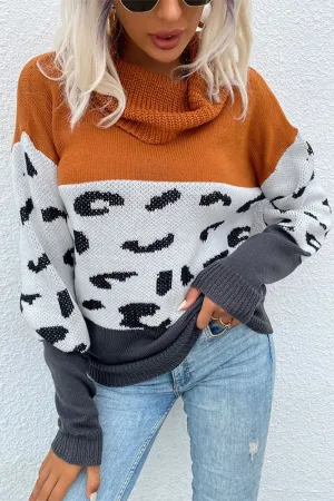 Leopard Color Block Turtleneck Sweater