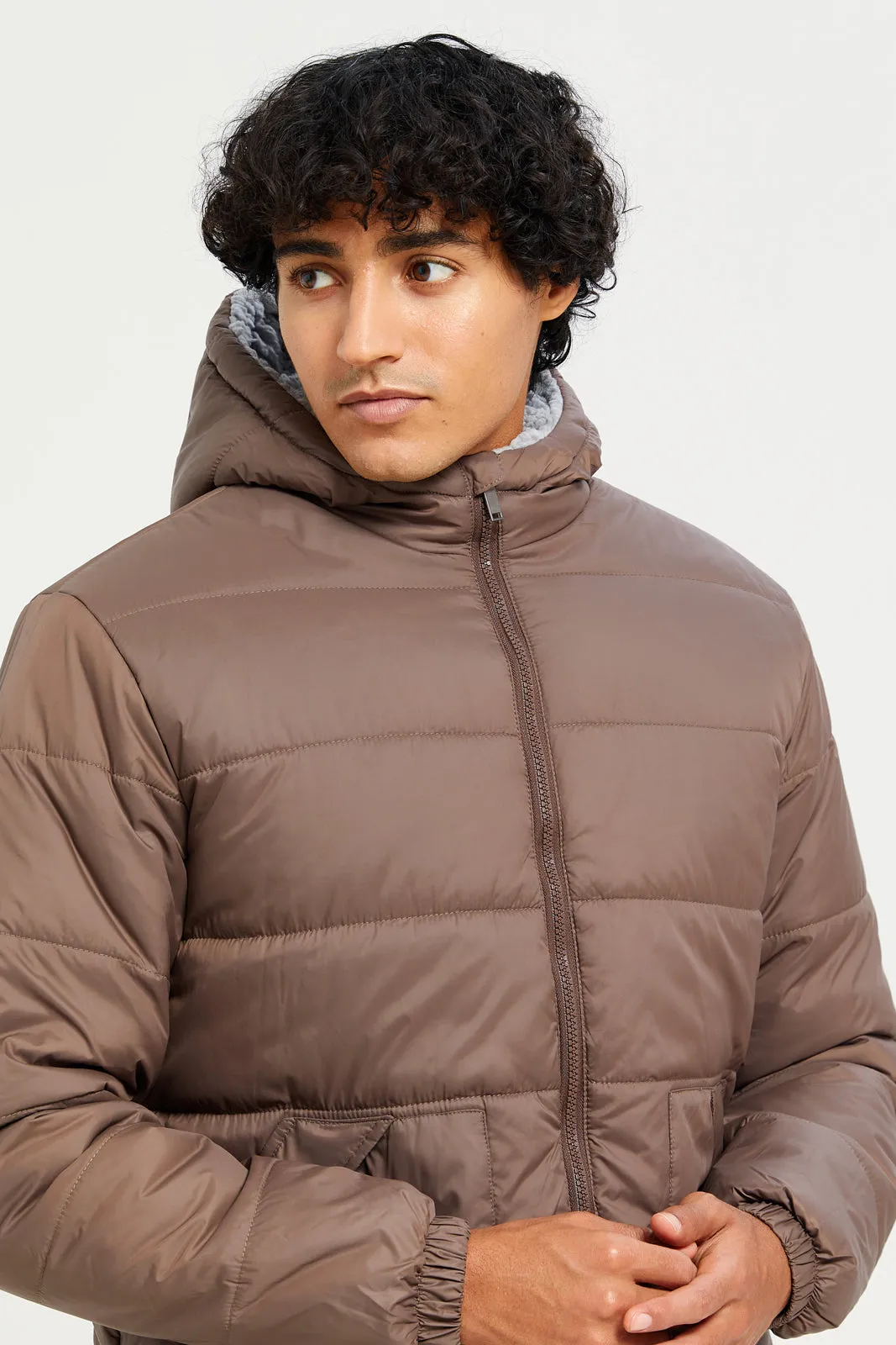 Men Brown Puffer Hooded Jacket