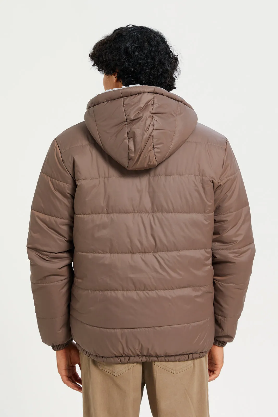 Men Brown Puffer Hooded Jacket