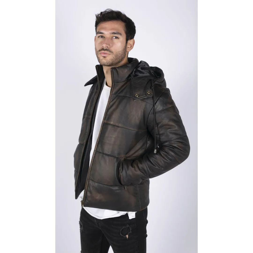 Mens Puffer Hood Jacket Real Leather Black Brown Casual Retro 80s Classic Casual