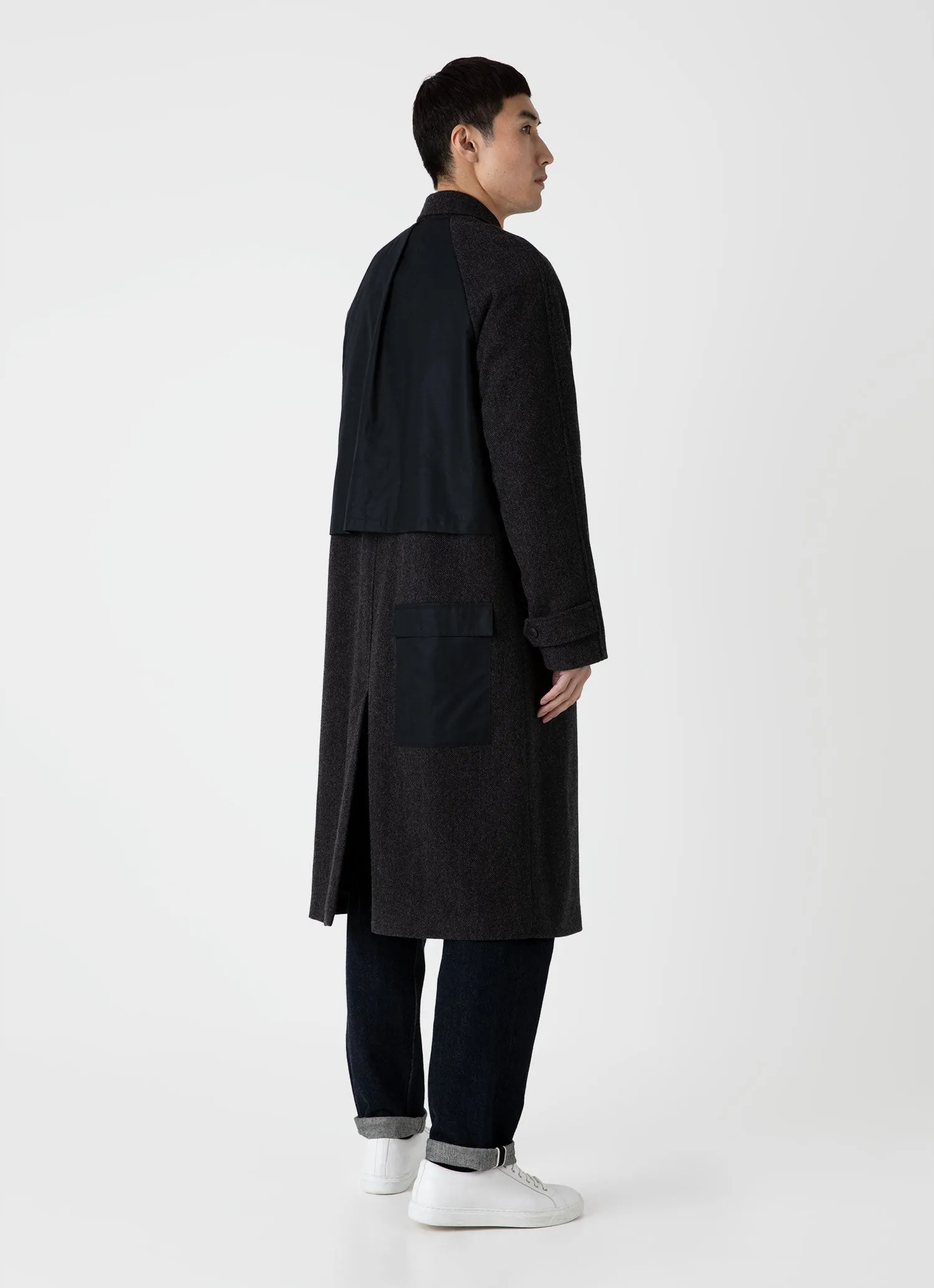 Men's Sunspel x Nigel Cabourn Balmacaan Wool Cashmere Coat in Charcoal Herringbone