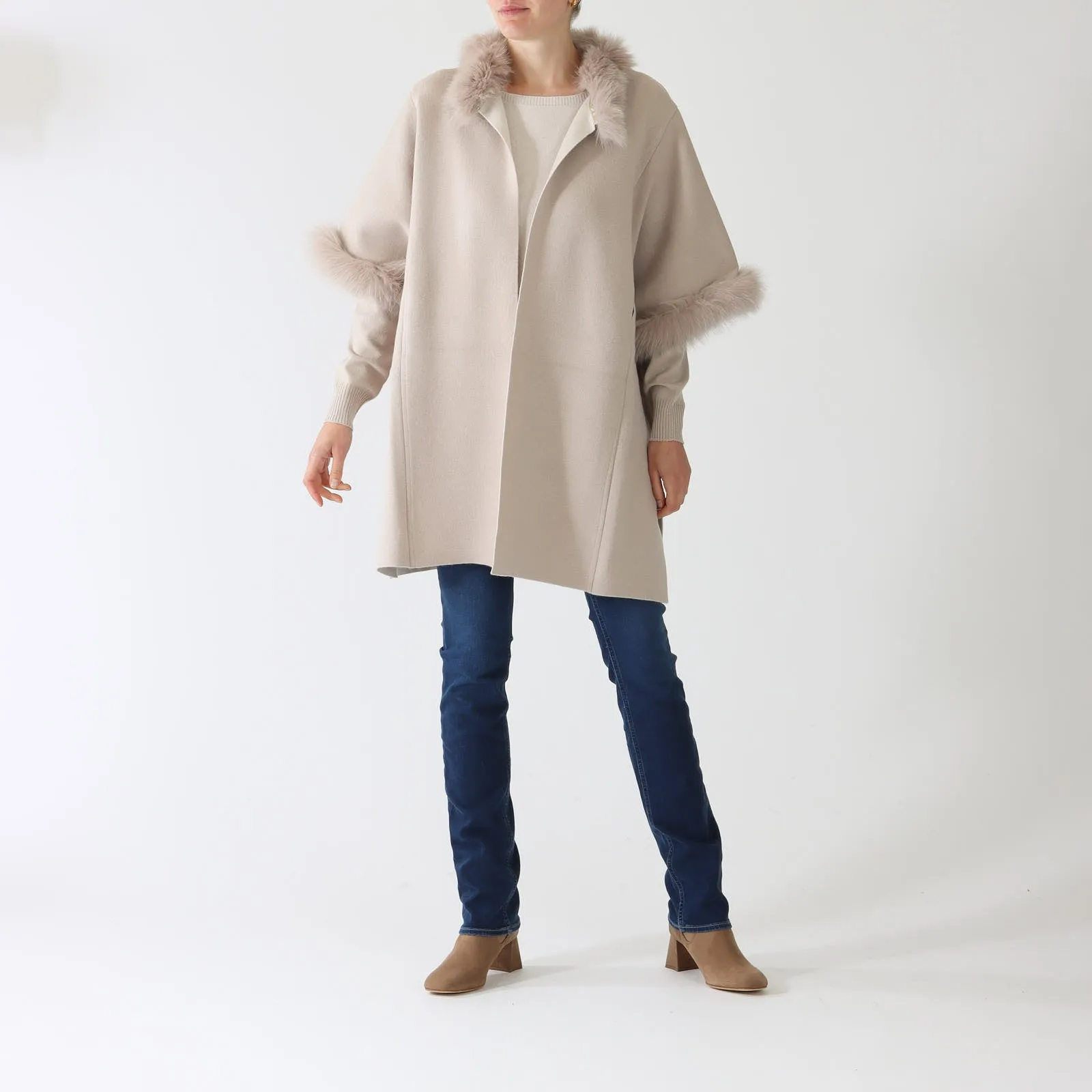 Nocciola Wool & Cashmere Fur Trim Knit Cape