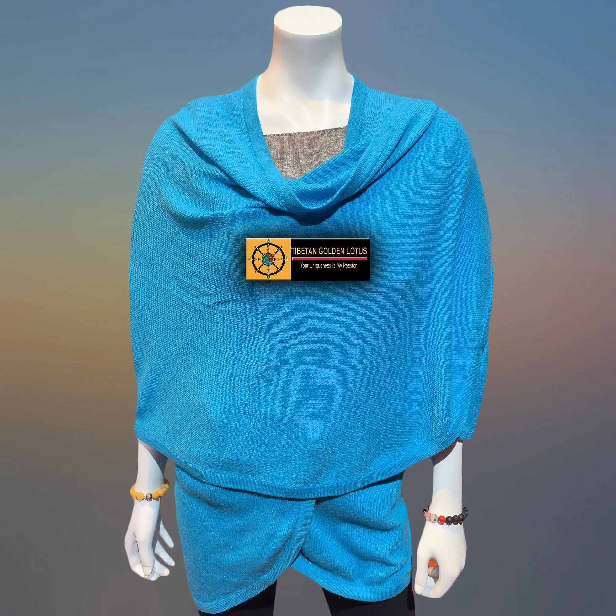 Olympic Tibetan Golden Lotus Cashmere Cape Ruana, Poncho Wrap