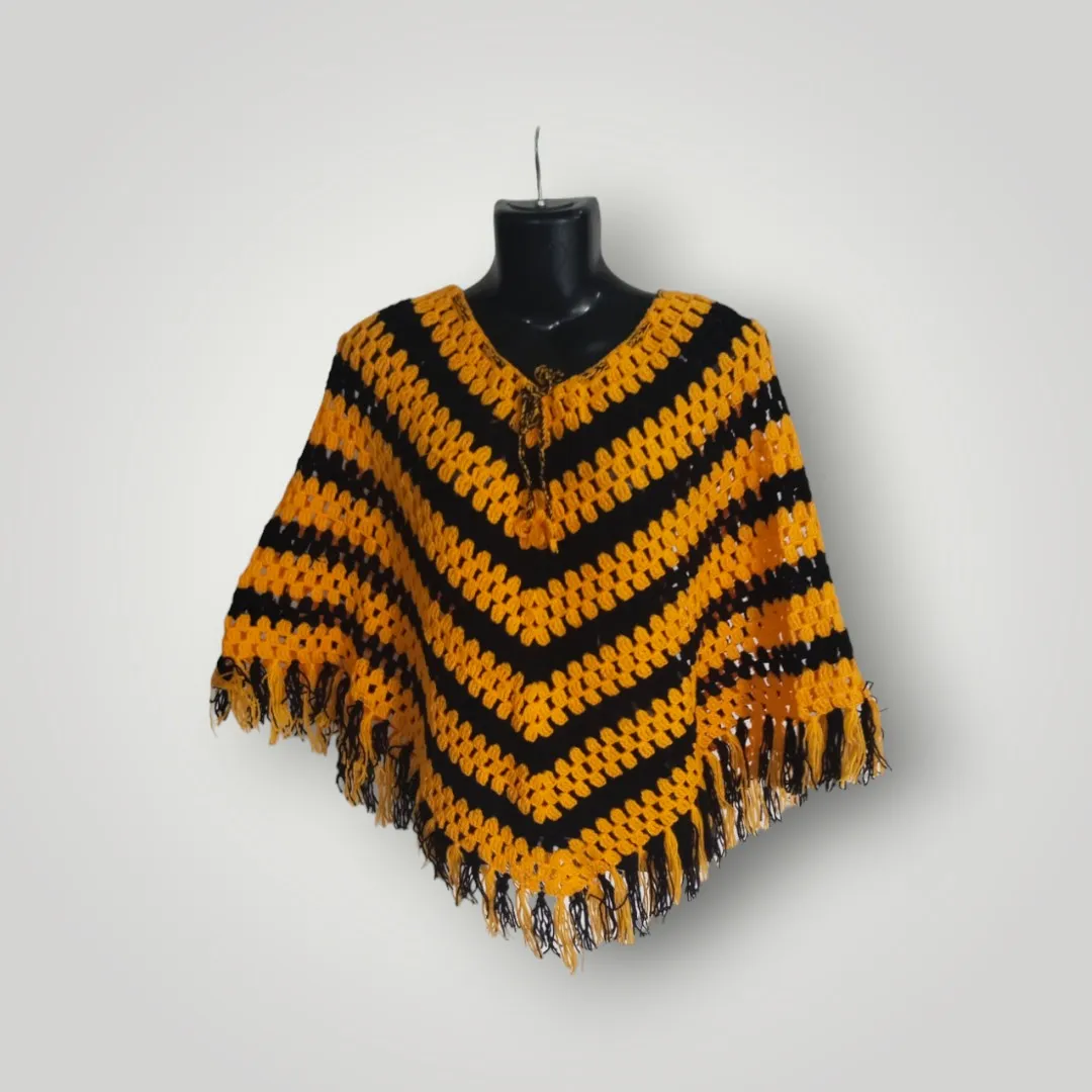 Orange and black color combi beautiful design poncho hand knitted woolen for women