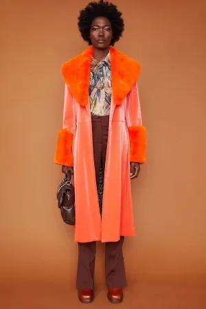 Orange Faux Suede Trench Coat with Faux Fur Collar and Cuffs