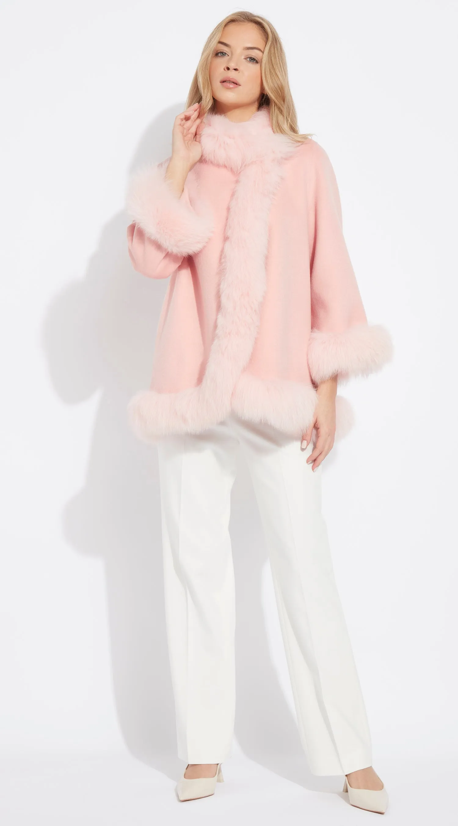 OUTLET Luxy Cashmere & Fox Fur Wrap Coat - Pink