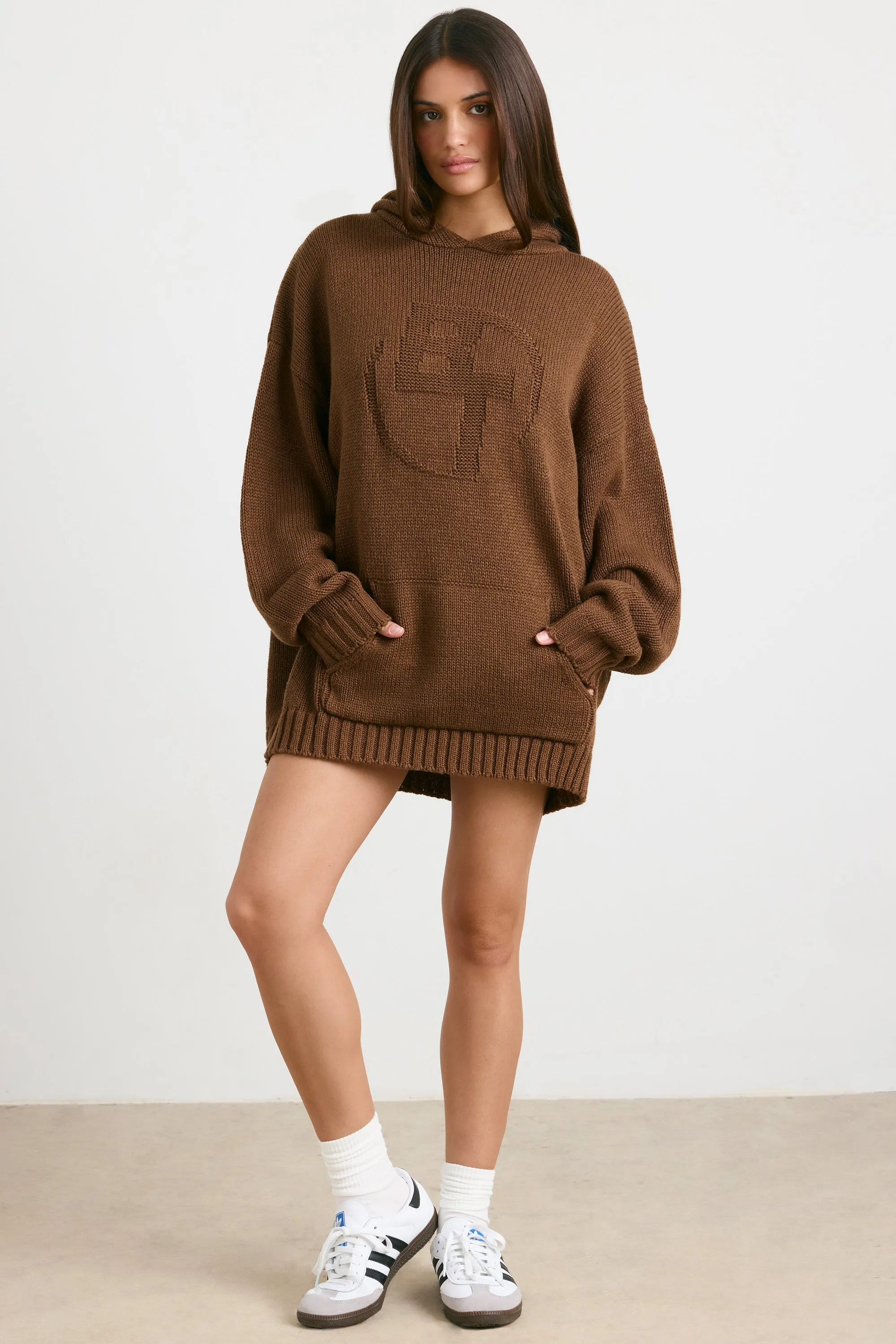 Oversized Chunky Knit Hoodie in Espresso