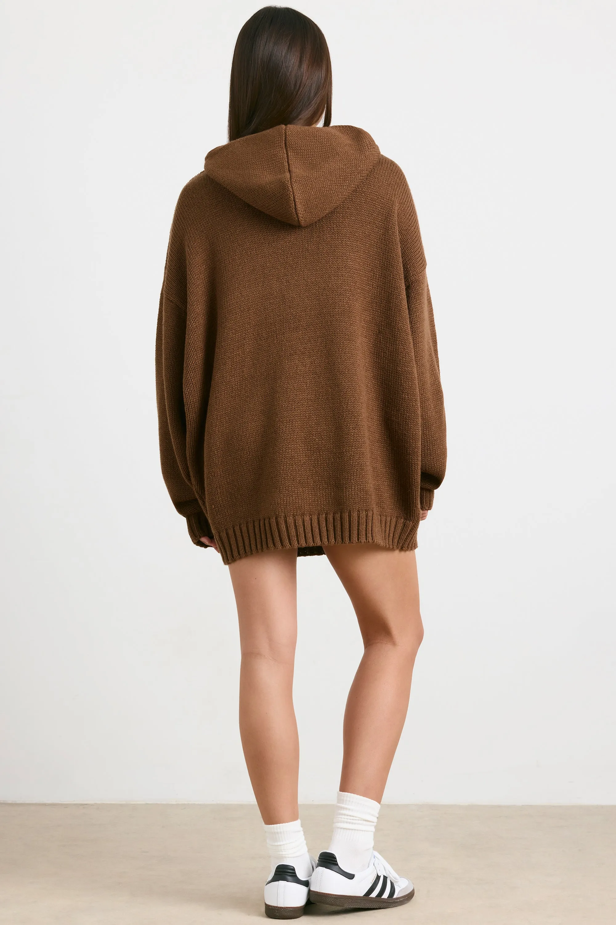 Oversized Chunky Knit Hoodie in Espresso