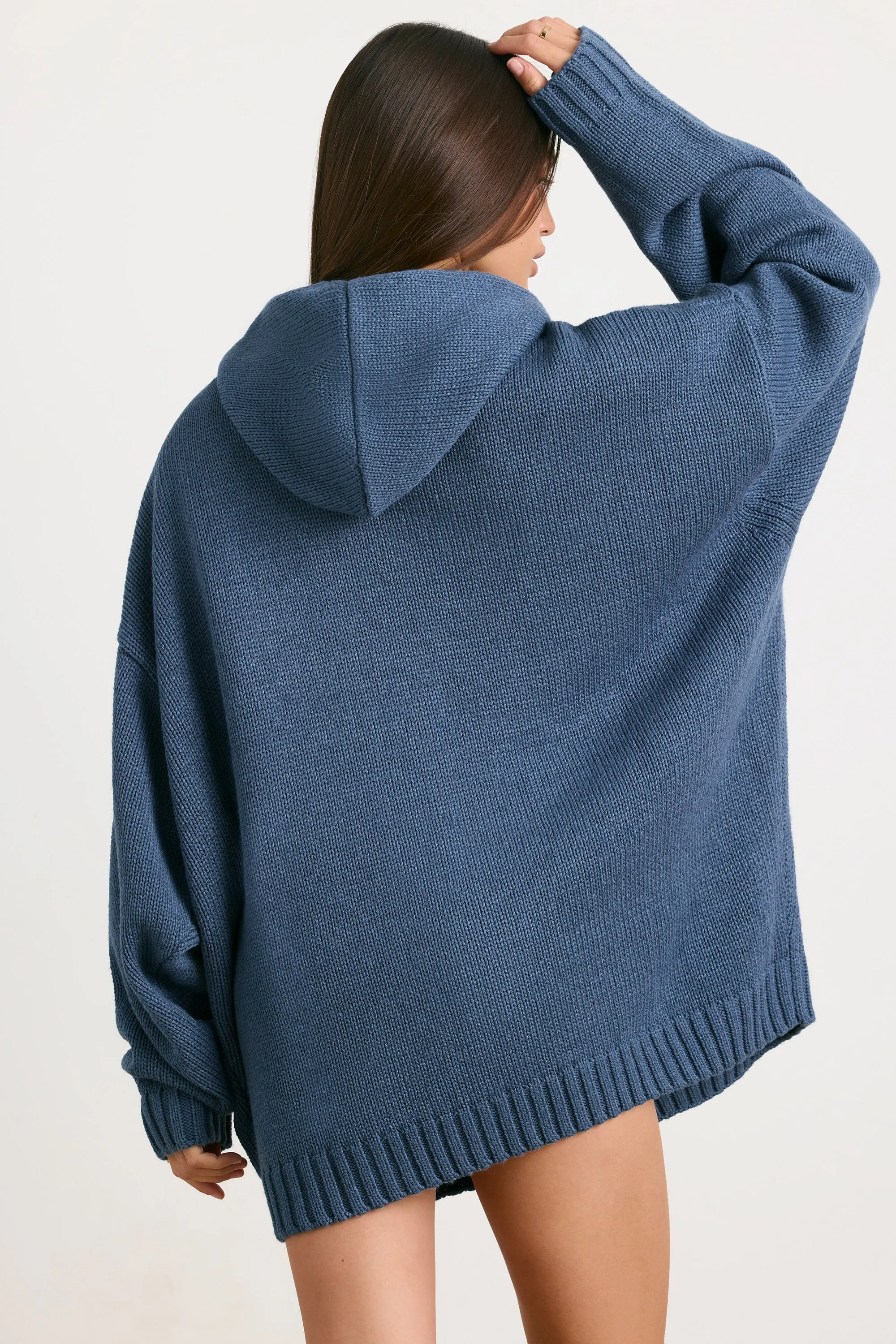 Oversized Chunky Knit Hoodie in Washed Navy